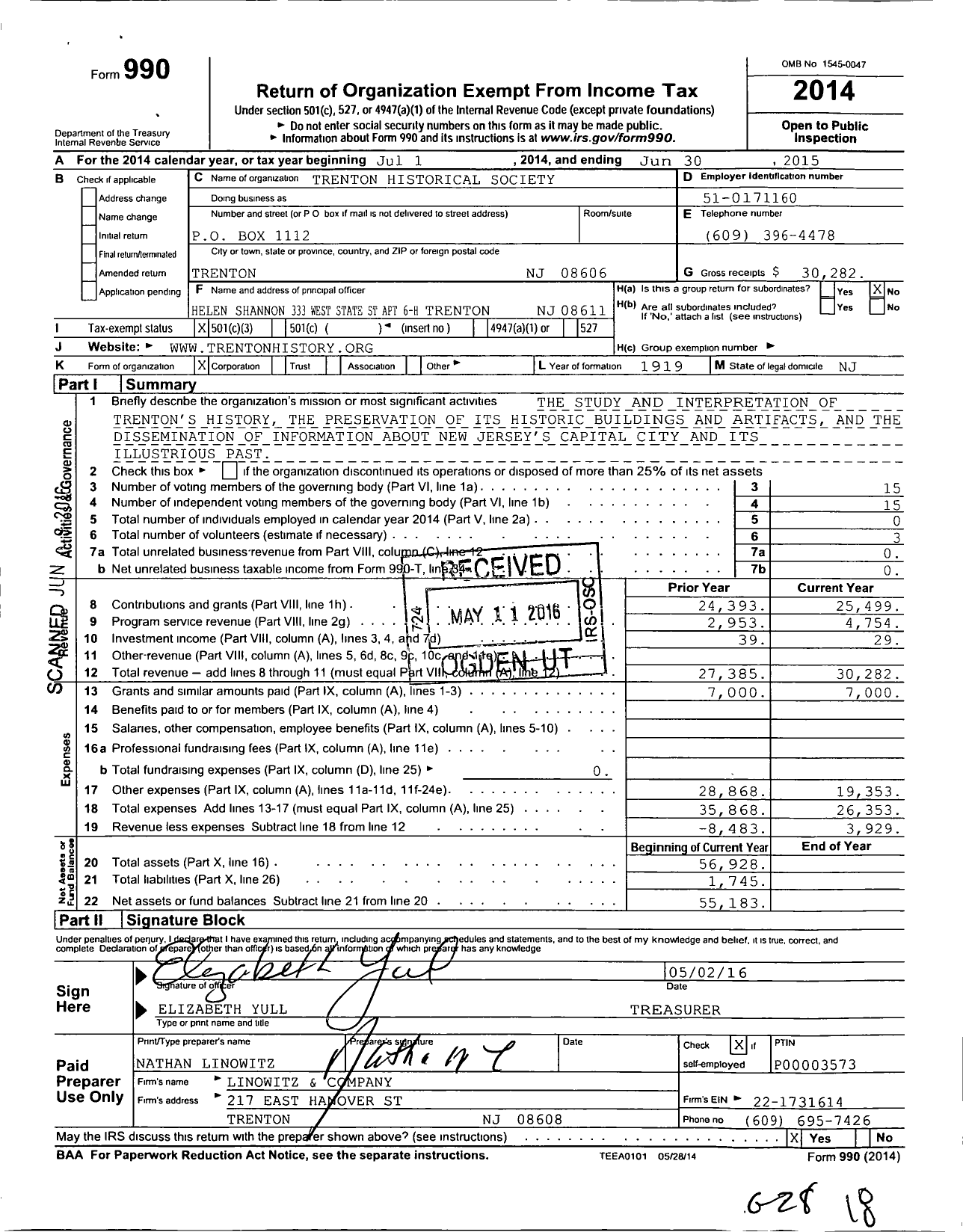 Image of first page of 2014 Form 990 for Trenton Historical Society