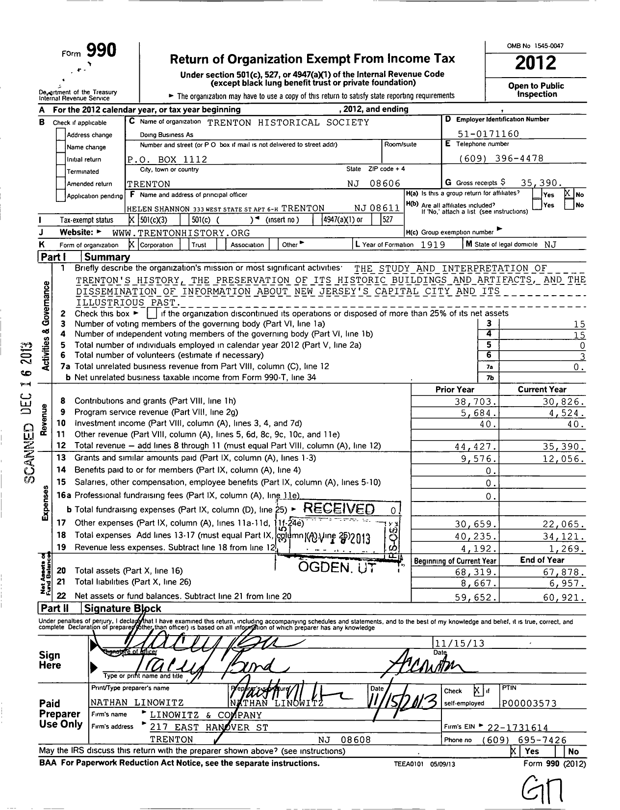 Image of first page of 2012 Form 990 for Trenton Historical Society