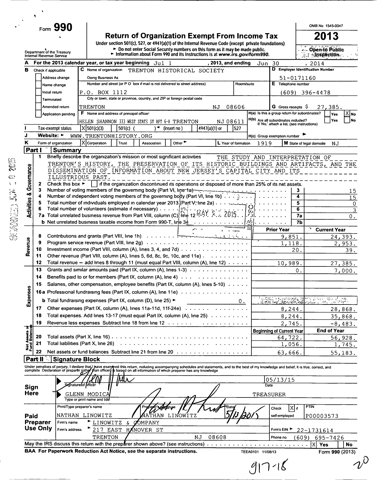 Image of first page of 2013 Form 990 for Trenton Historical Society