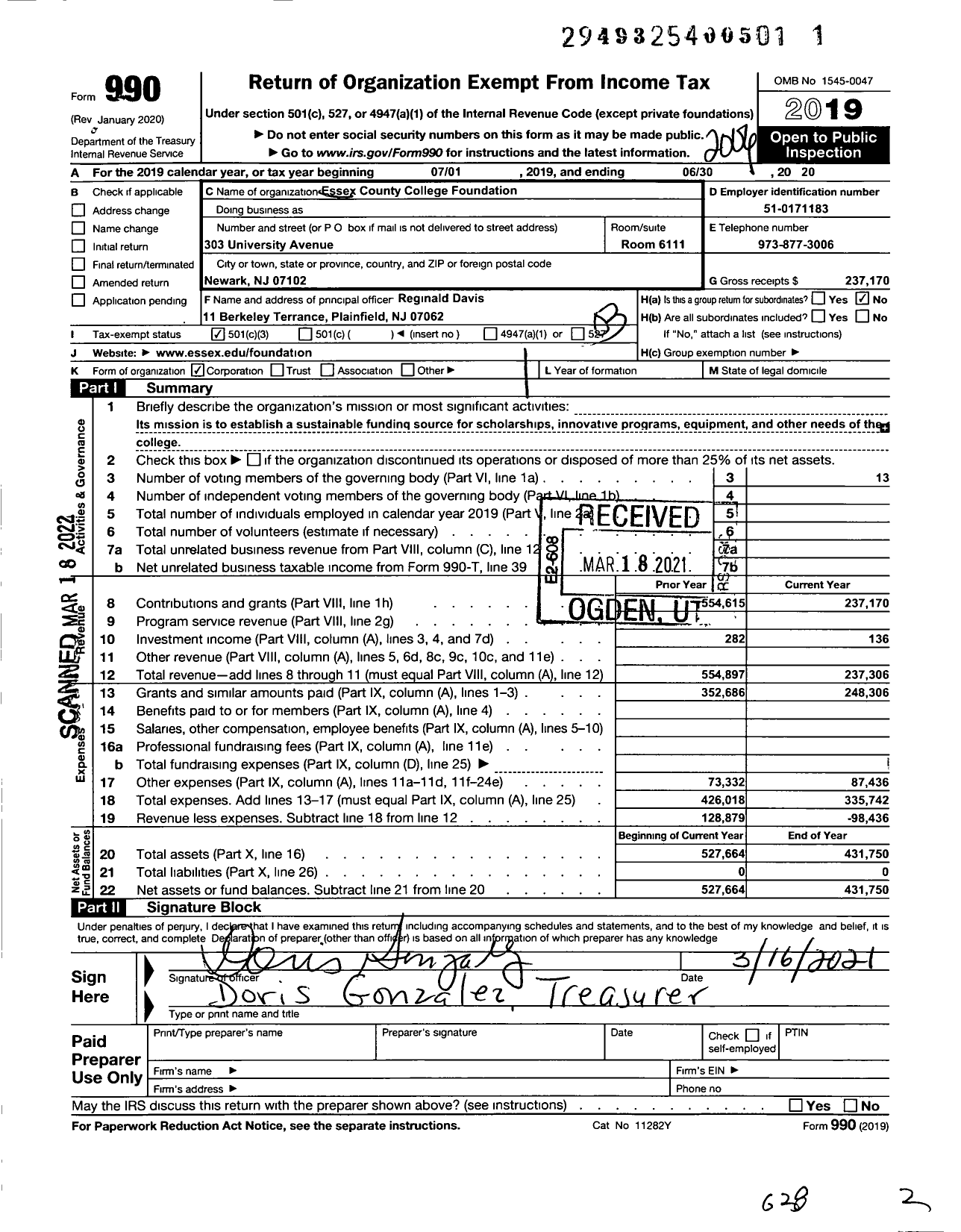 Image of first page of 2019 Form 990 for Essex County College Foundation