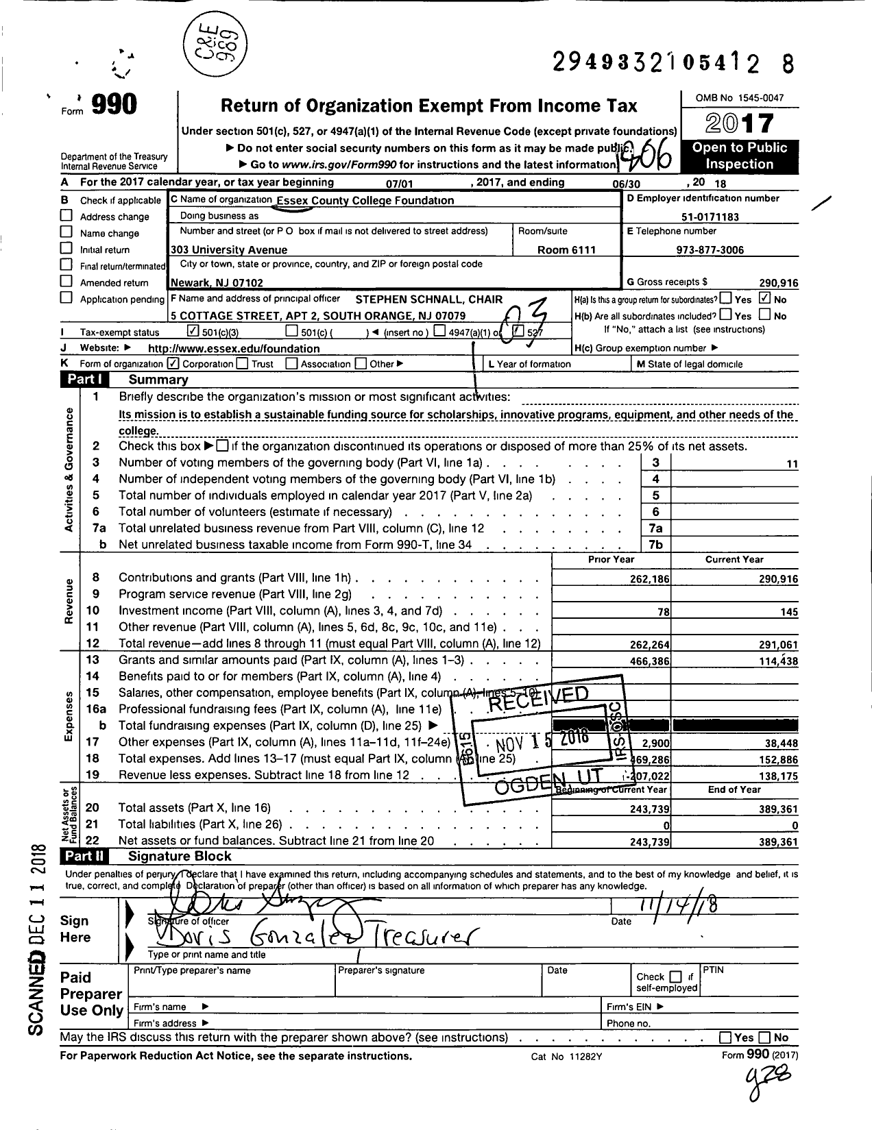 Image of first page of 2017 Form 990 for Essex County College Foundation