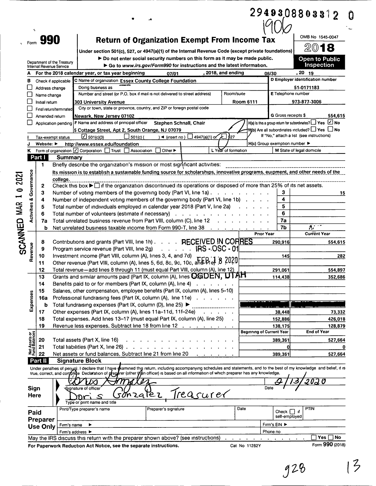 Image of first page of 2018 Form 990 for Essex County College Foundation