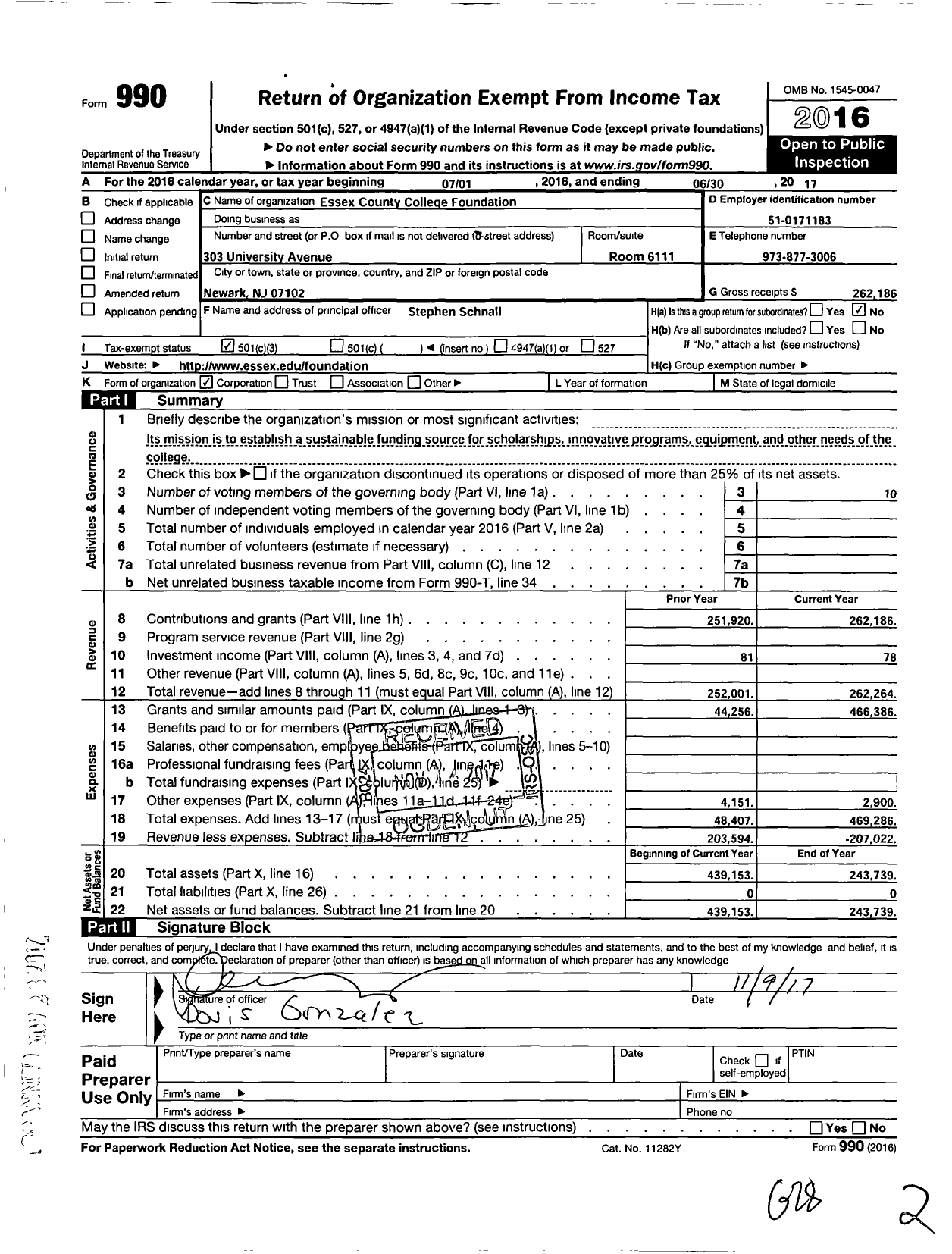 Image of first page of 2016 Form 990 for Essex County College Foundation