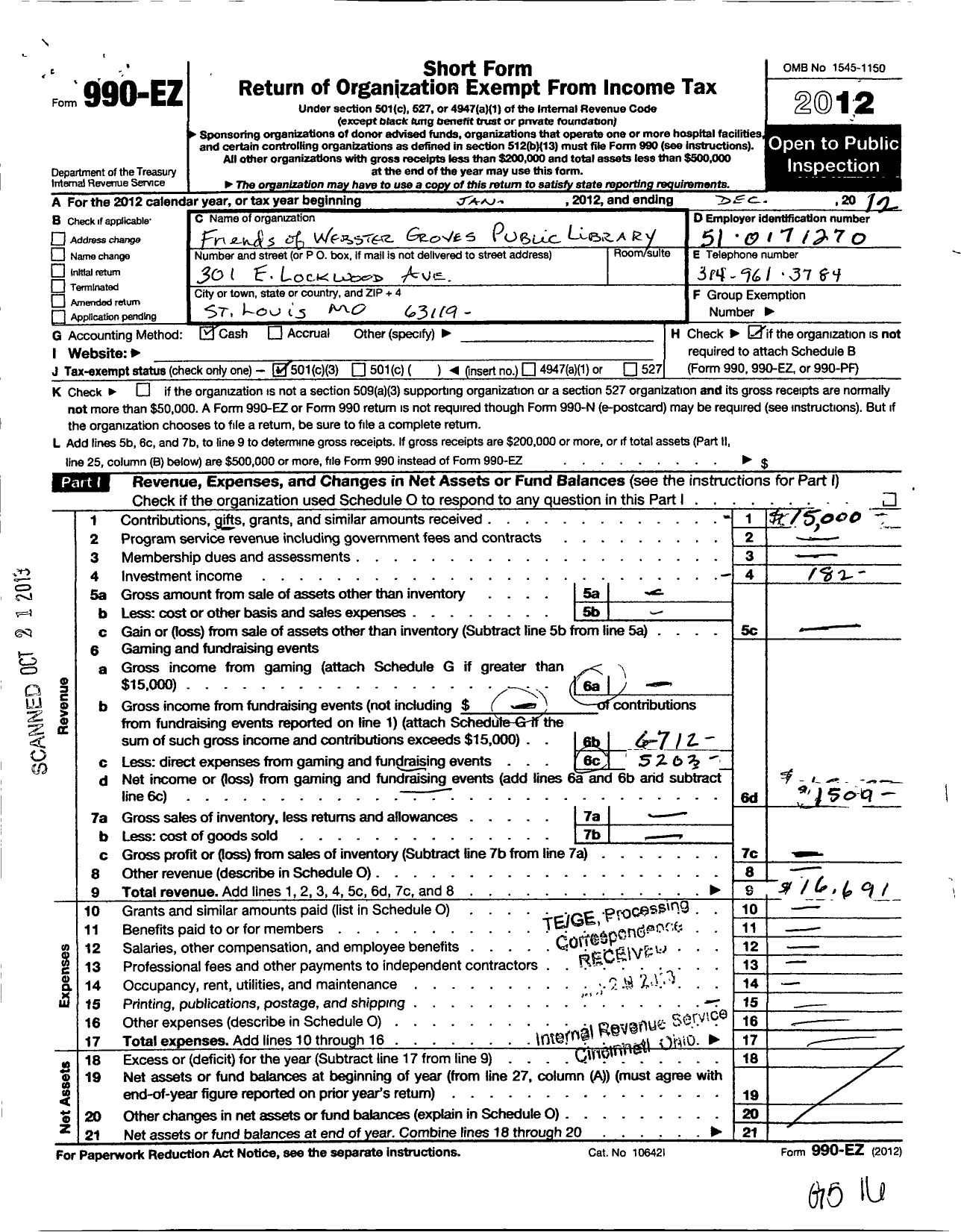 Image of first page of 2012 Form 990EZ for Friends of the Webster Groves Public Library