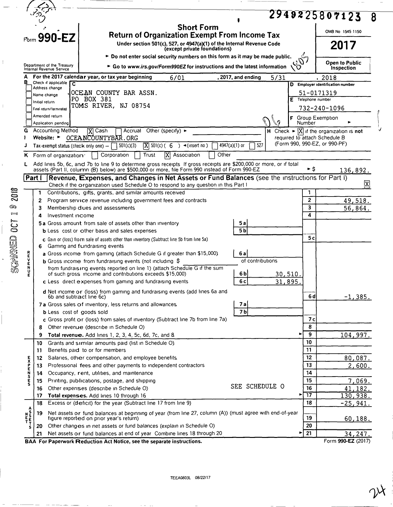 Image of first page of 2017 Form 990EO for Ocean County Bar Association