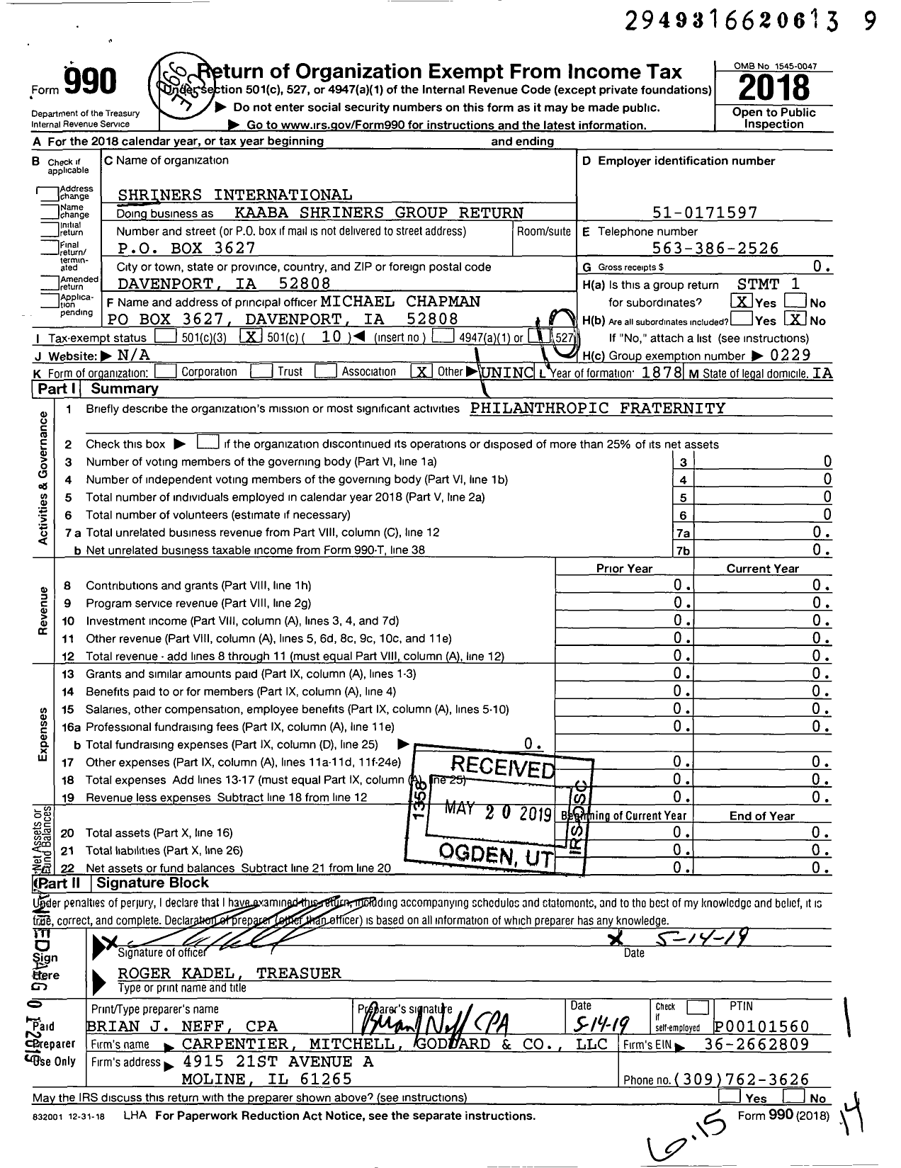 Image of first page of 2018 Form 990O for Shriners International - Kaaba Shriners Group Return