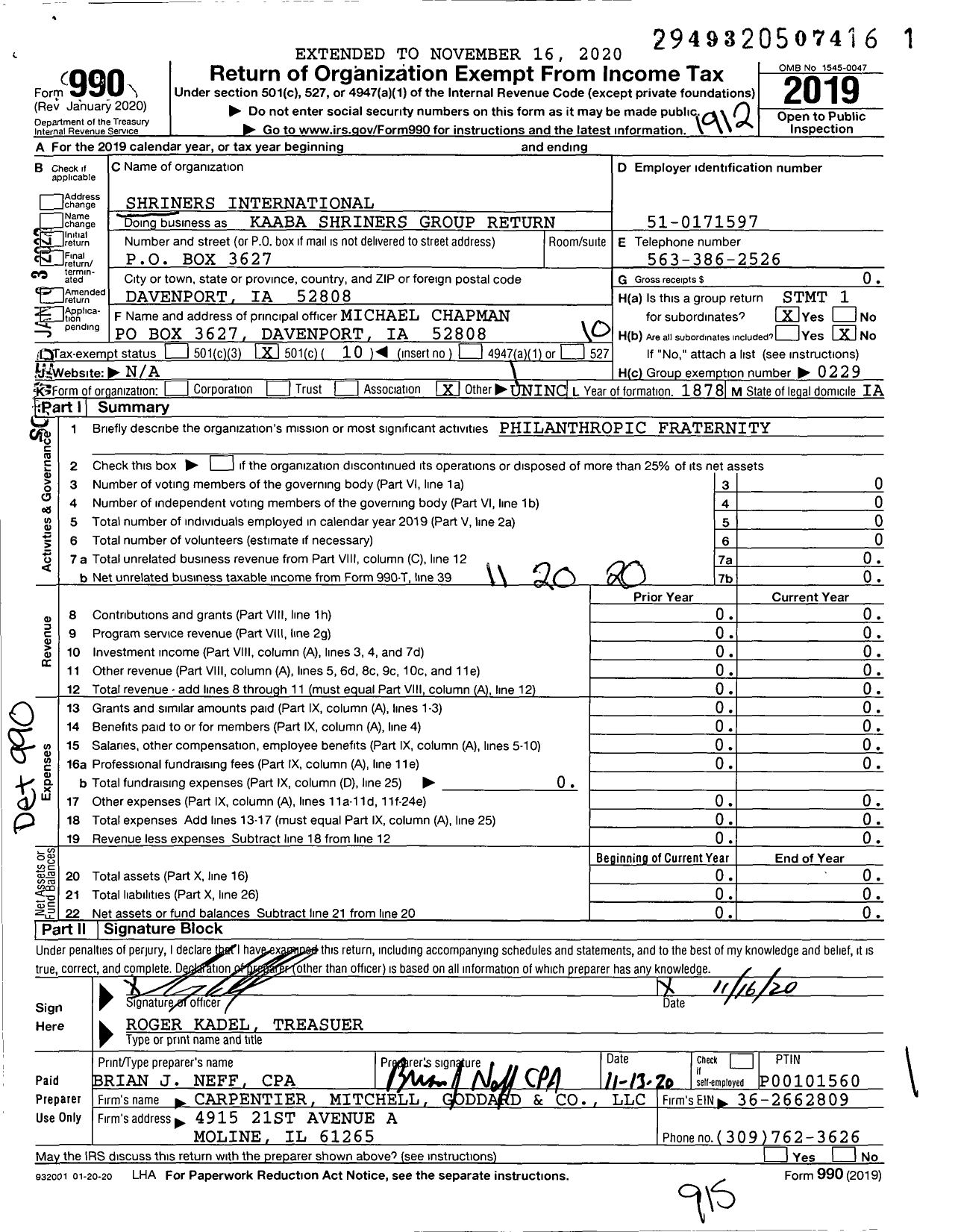 Image of first page of 2019 Form 990O for Shriners International - Kaaba Shriners Group Return