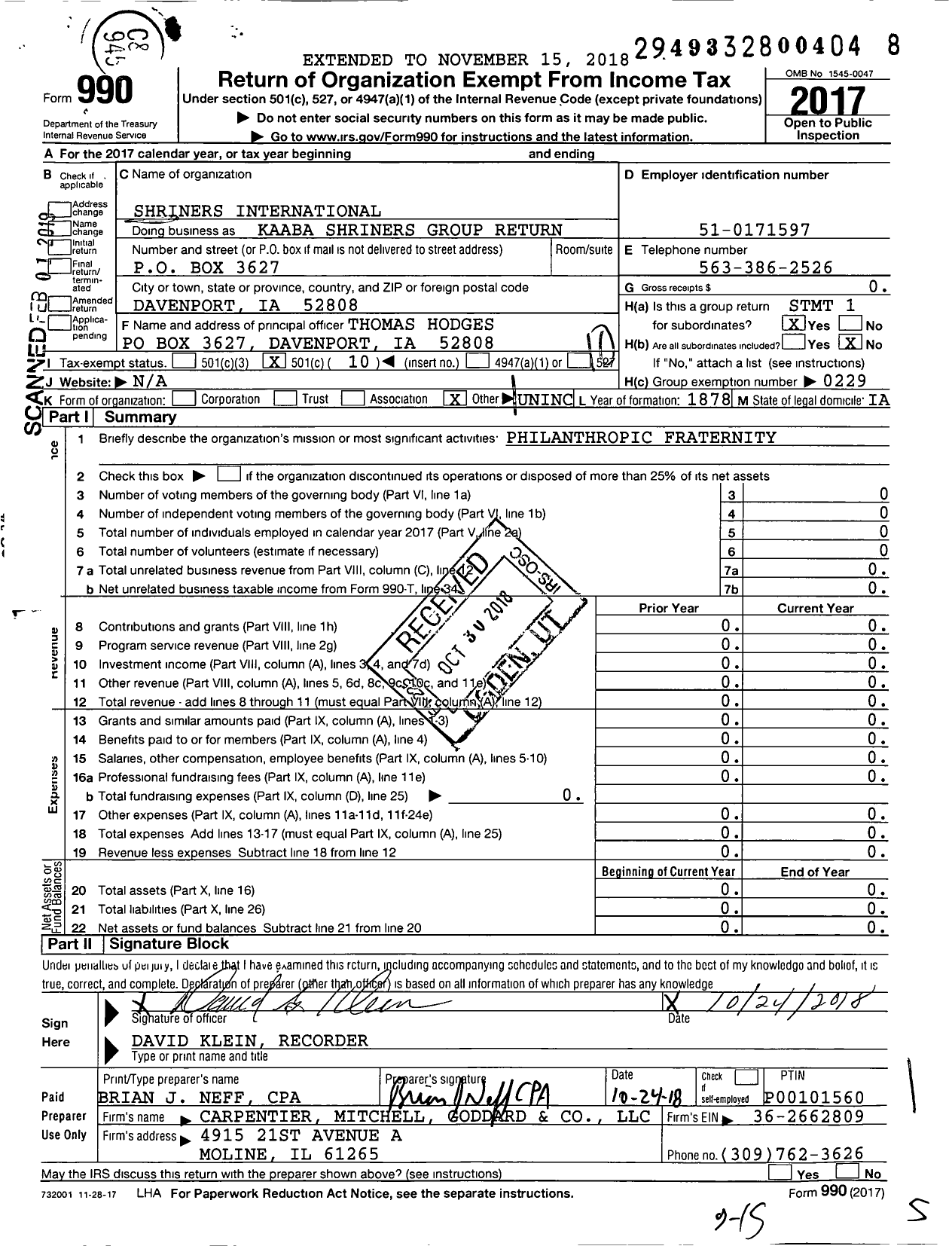 Image of first page of 2017 Form 990O for Shriners International - Kaaba Shriners Group Return