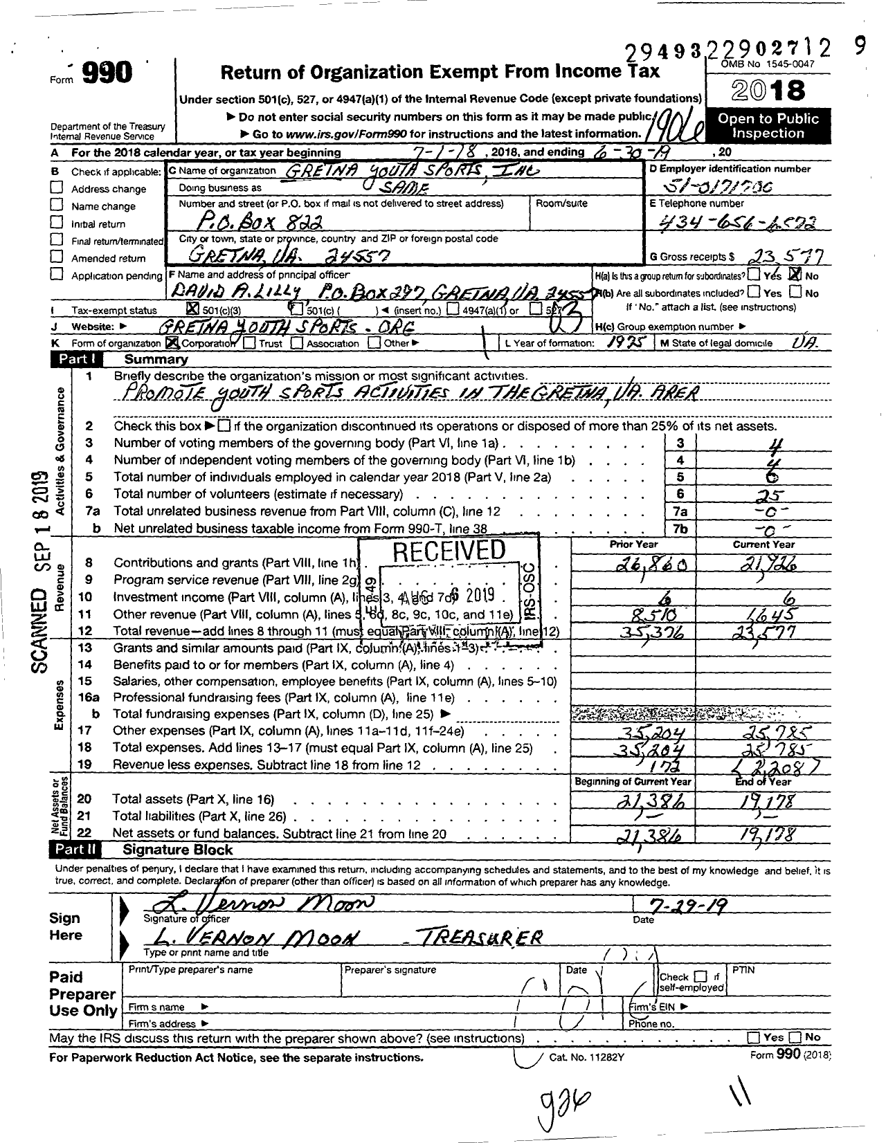 Image of first page of 2018 Form 990 for Gretna Youth Sports