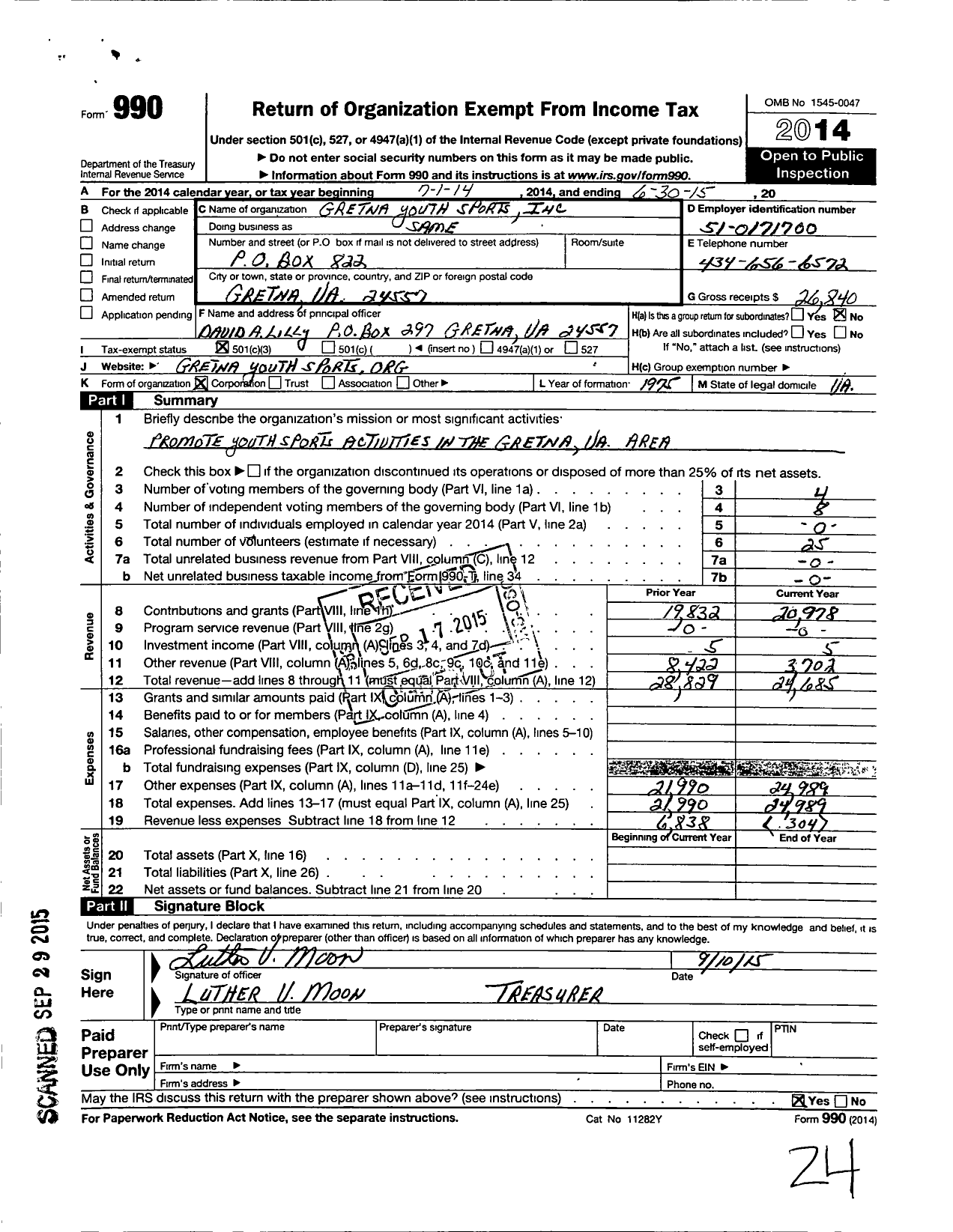 Image of first page of 2014 Form 990 for Gretna Youth Sports