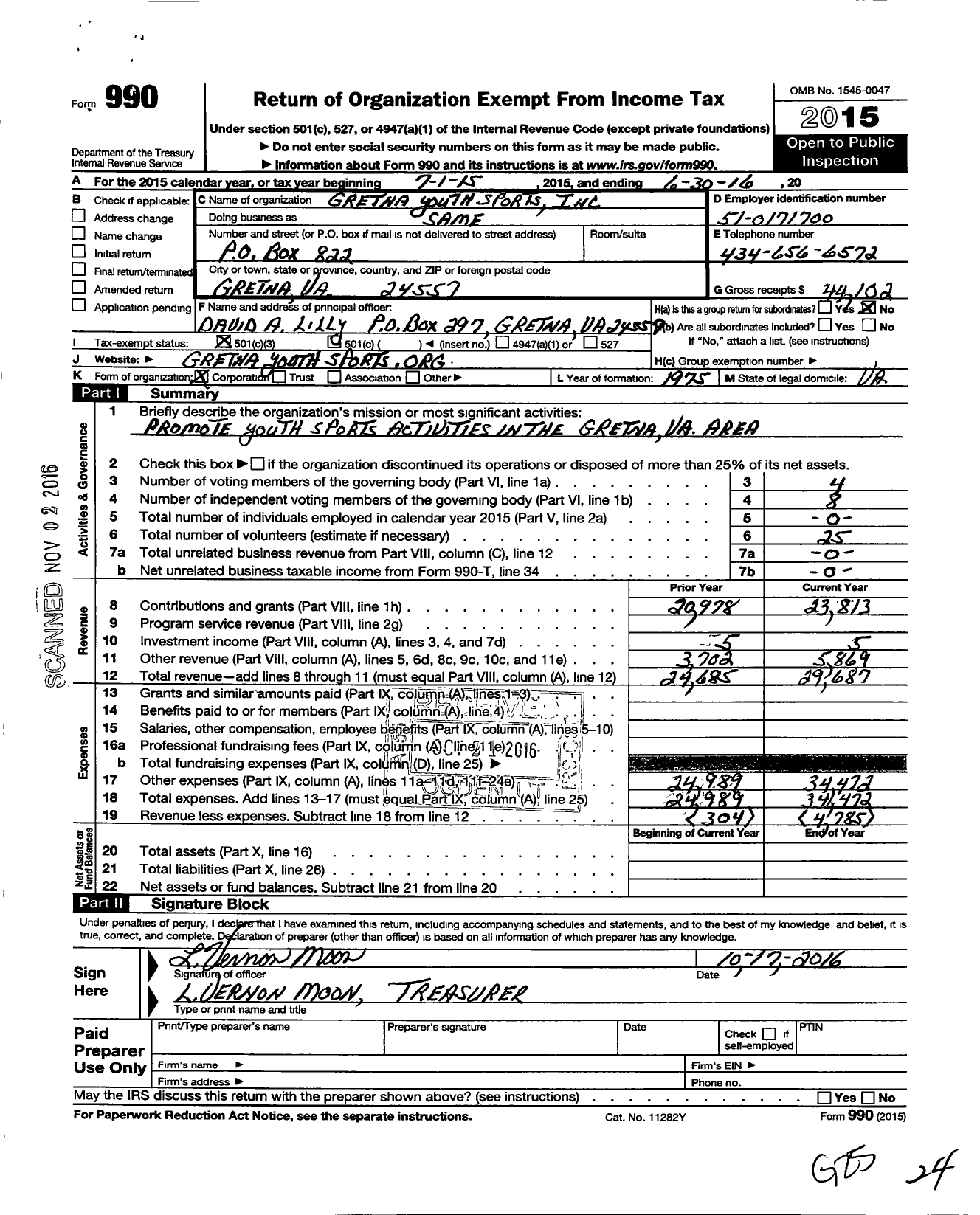 Image of first page of 2015 Form 990 for Gretna Youth Sports