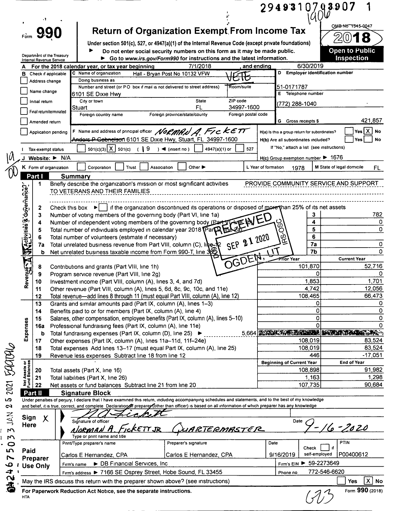 Image of first page of 2018 Form 990O for VFW Department of Florida - Hall - Bryan Post No 10132 VFW