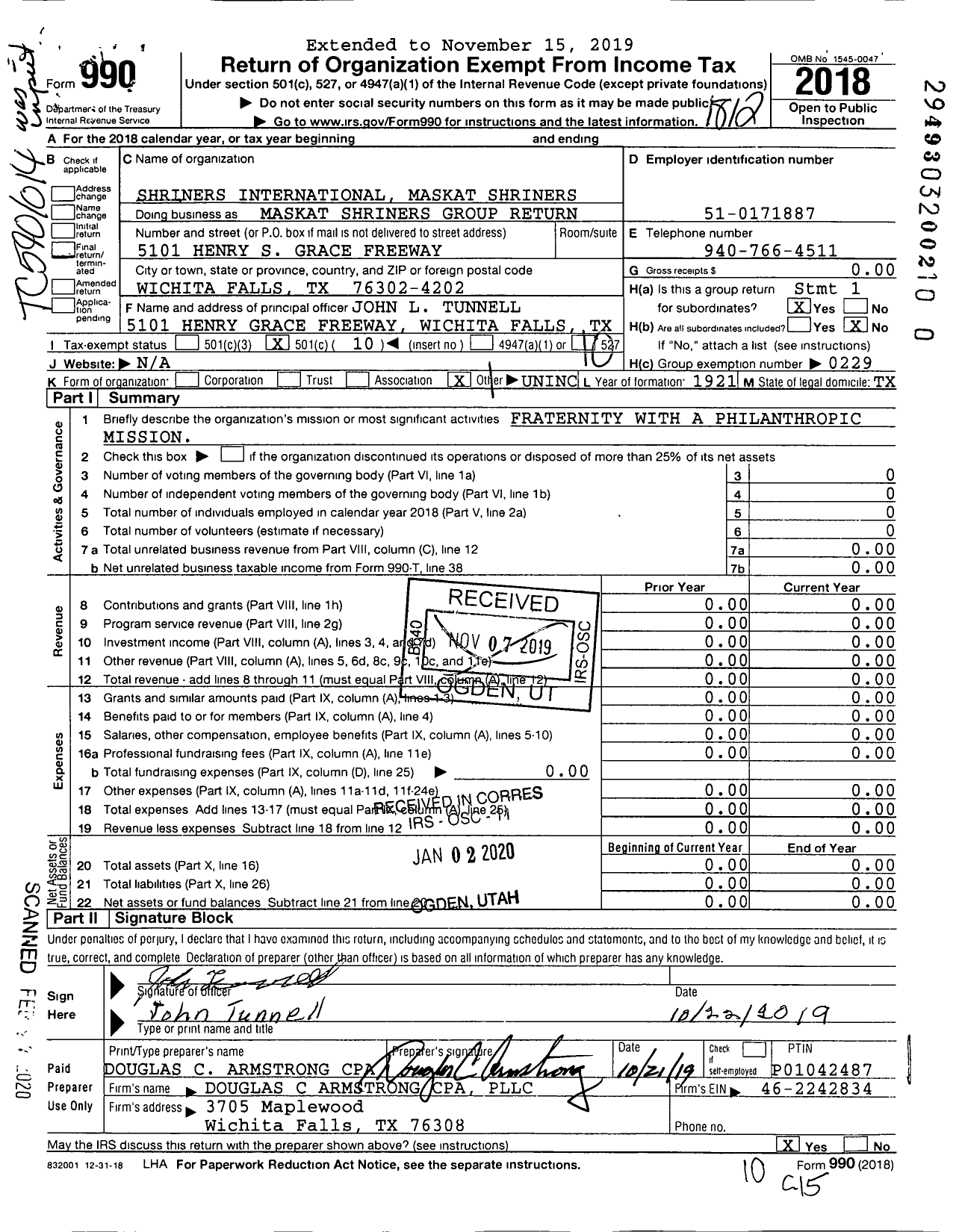 Image of first page of 2018 Form 990O for Shriners International - Maskat Shriners Group Return