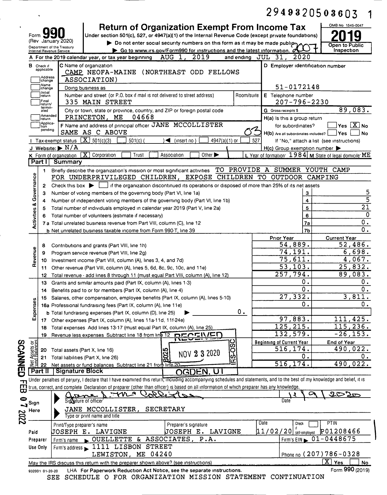 Image of first page of 2019 Form 990 for Camp Neofa-Maine