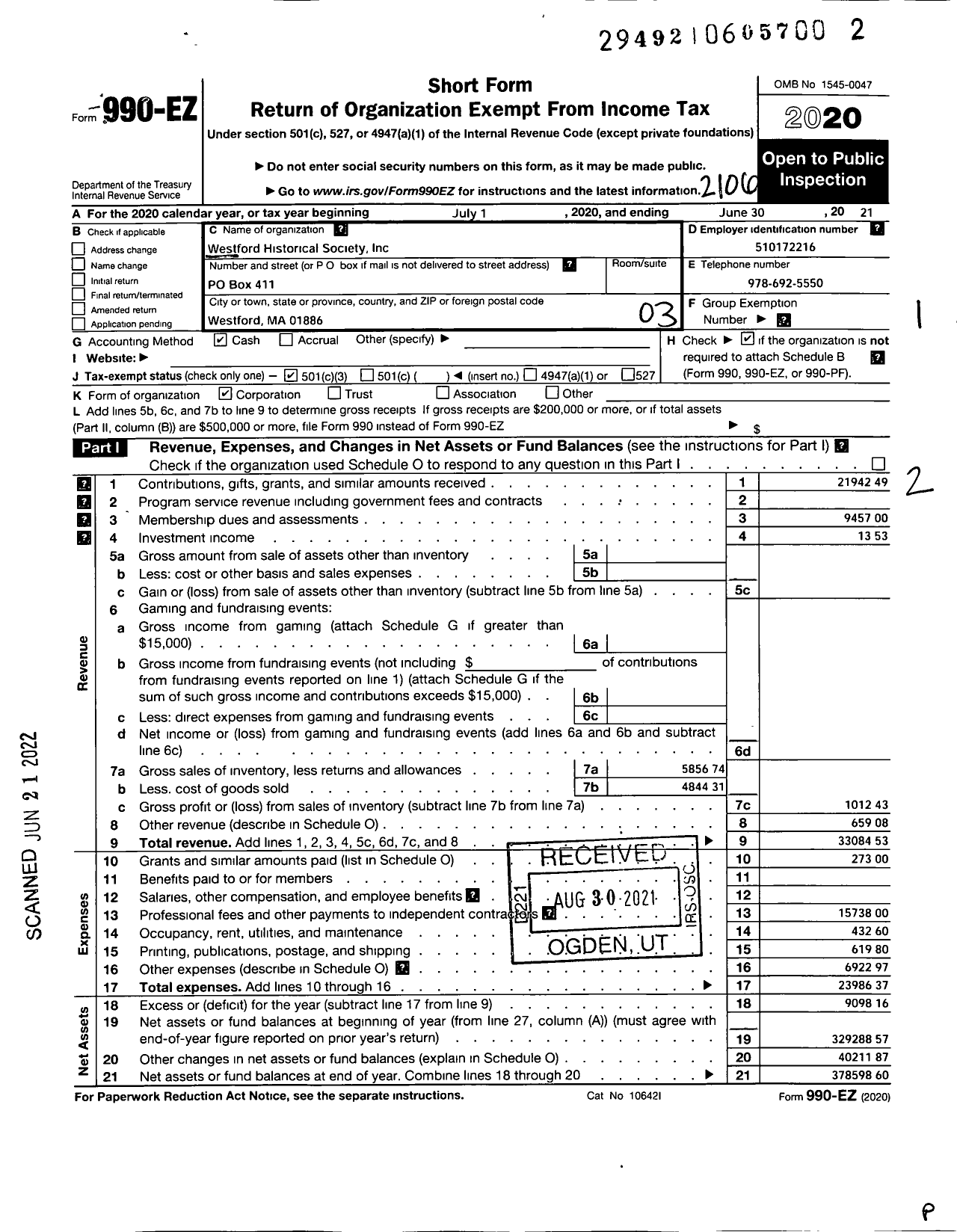 Image of first page of 2020 Form 990EZ for Westford Historical Society