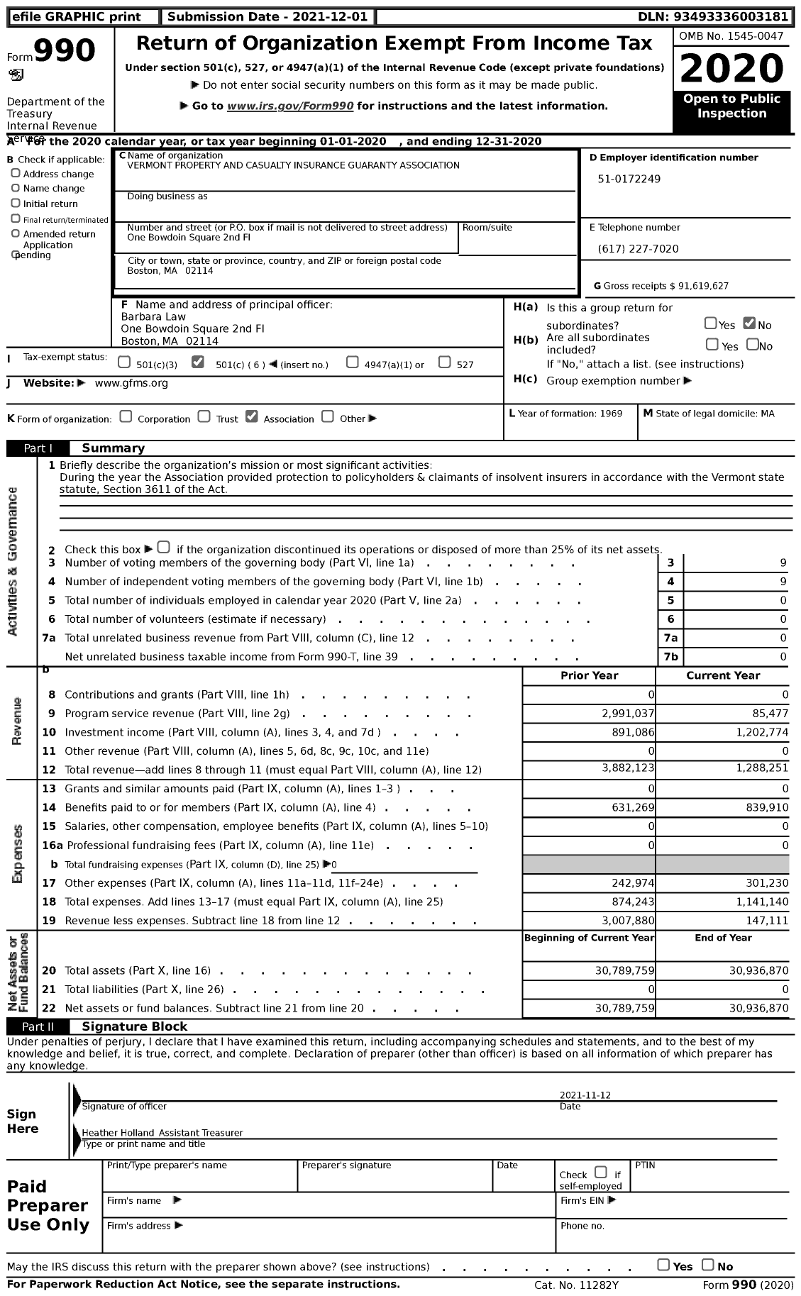 Image of first page of 2020 Form 990 for Vermont Property and Casualty Insurance Guaranty Association (VTPCIGA)