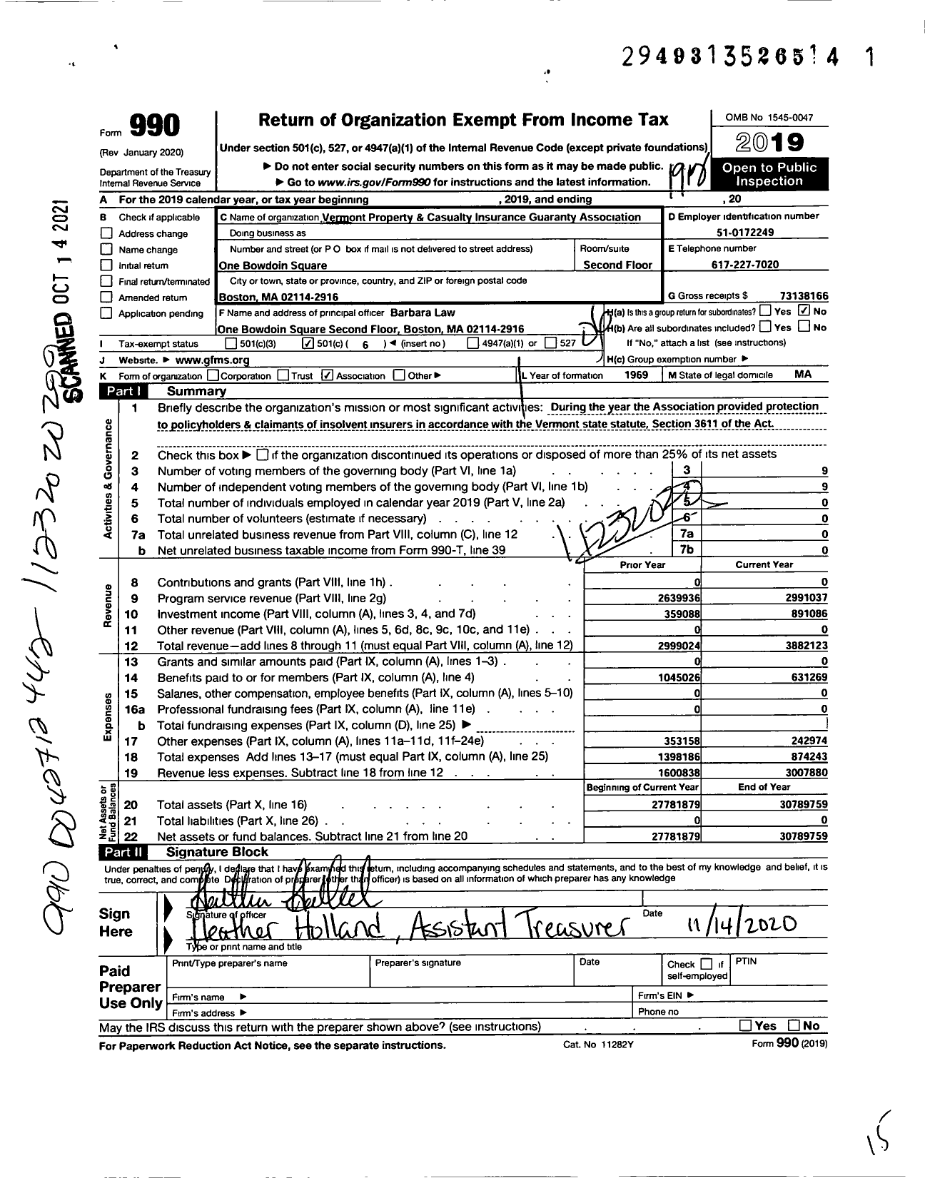 Image of first page of 2019 Form 990O for Vermont Property and Casualty Insurance Guaranty Association (VTPCIGA)