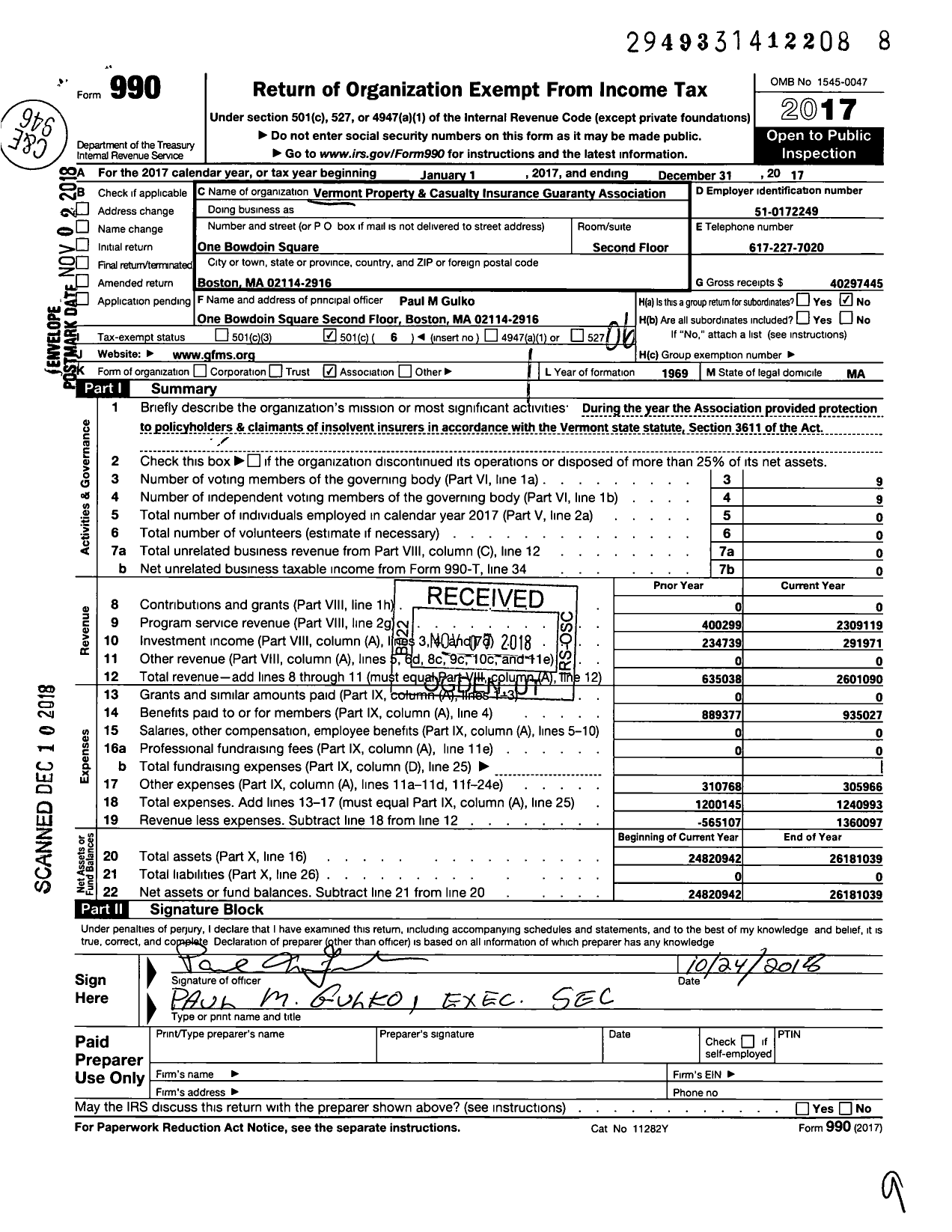 Image of first page of 2017 Form 990O for Vermont Property and Casualty Insurance Guaranty Association (VTPCIGA)
