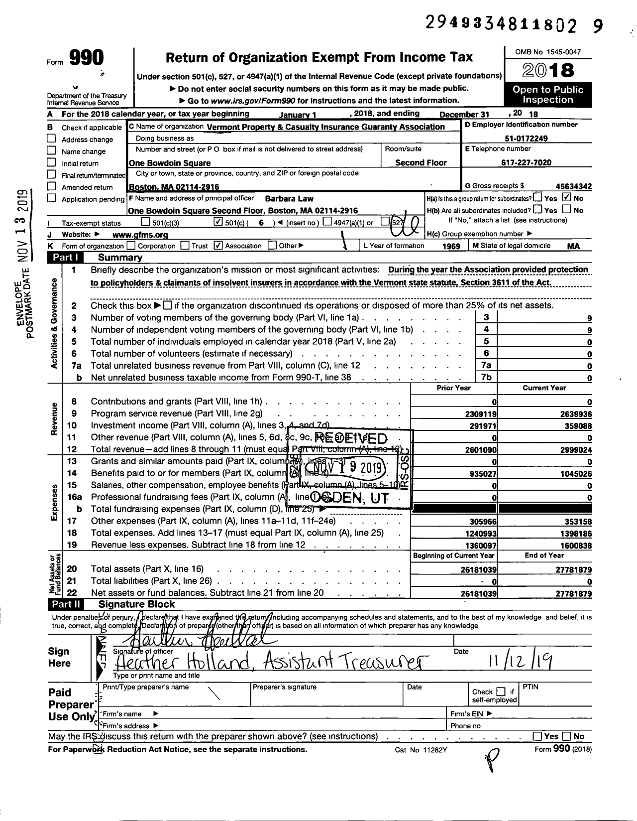 Image of first page of 2018 Form 990O for Vermont Property and Casualty Insurance Guaranty Association (VTPCIGA)