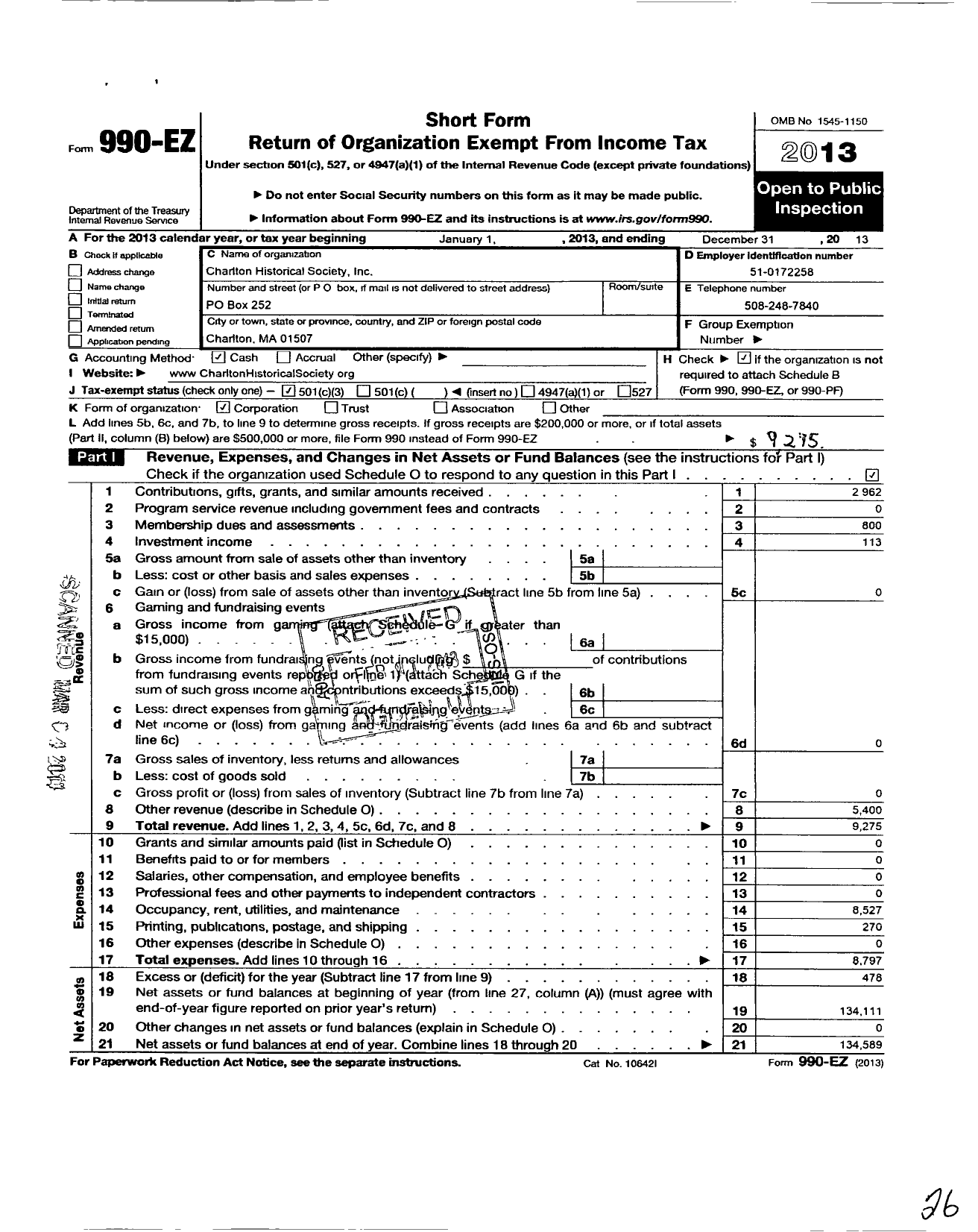 Image of first page of 2013 Form 990EZ for Charlton Historical Society