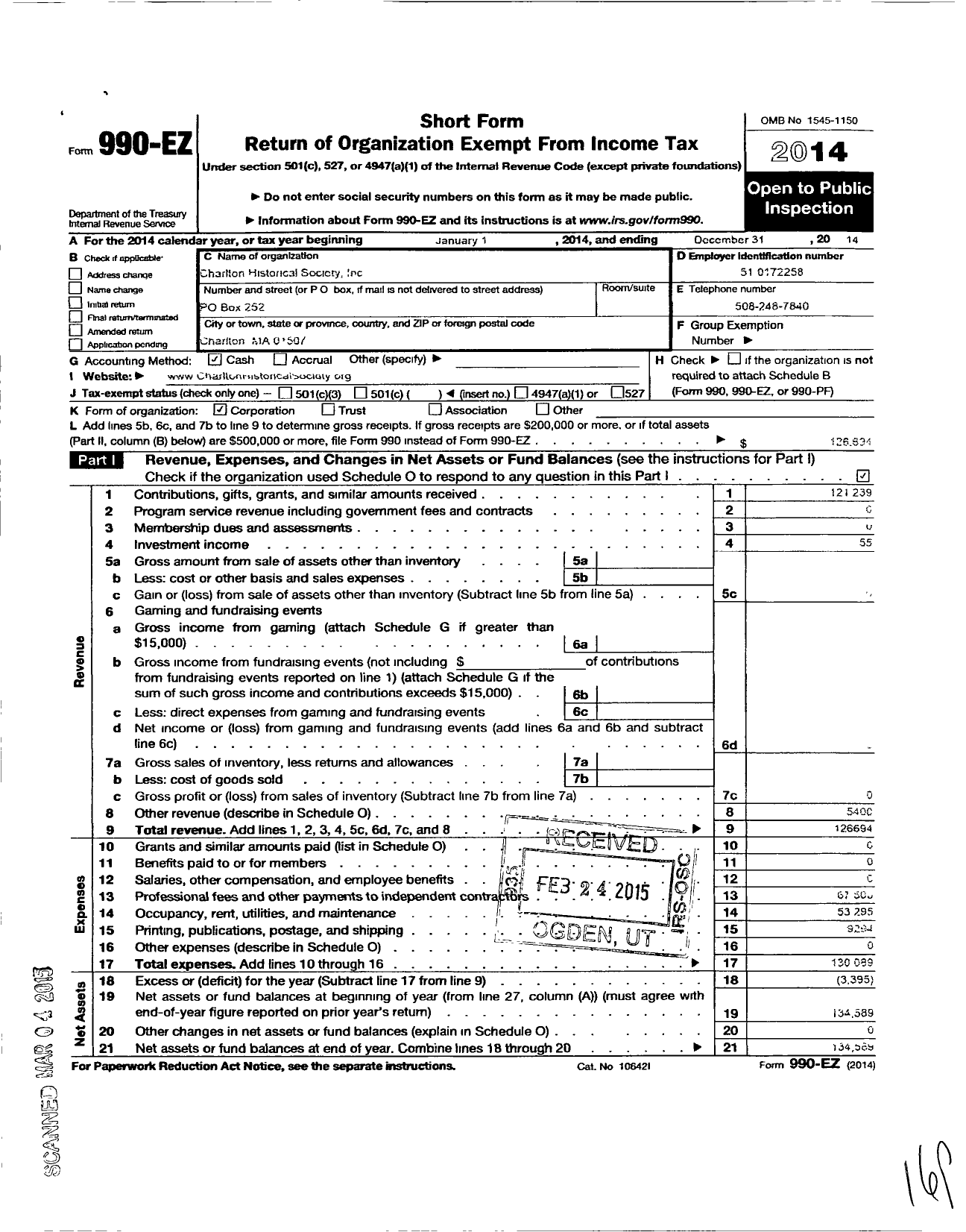 Image of first page of 2014 Form 990EO for Charlton Historical Society