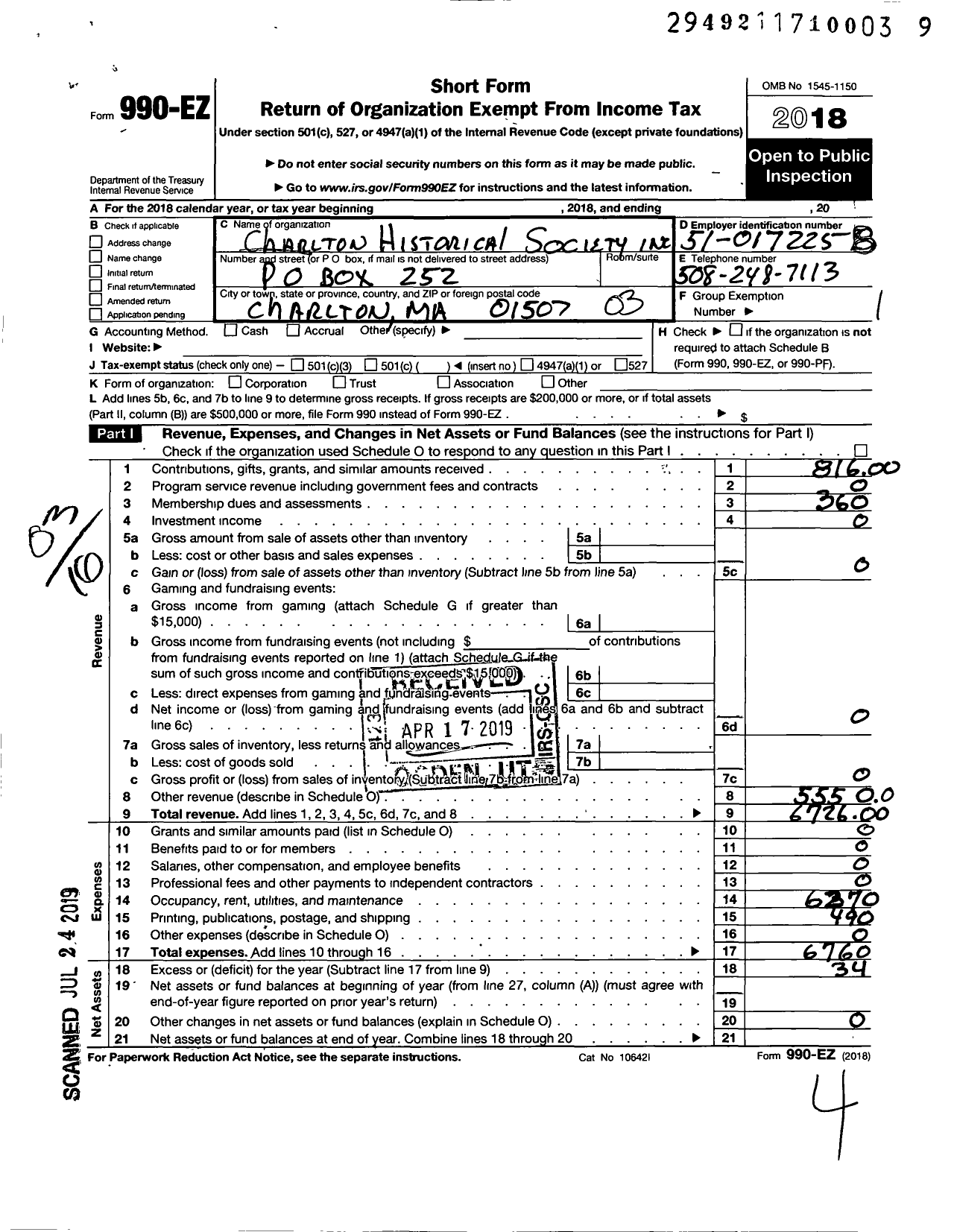 Image of first page of 2018 Form 990EZ for Charlton Historical Society