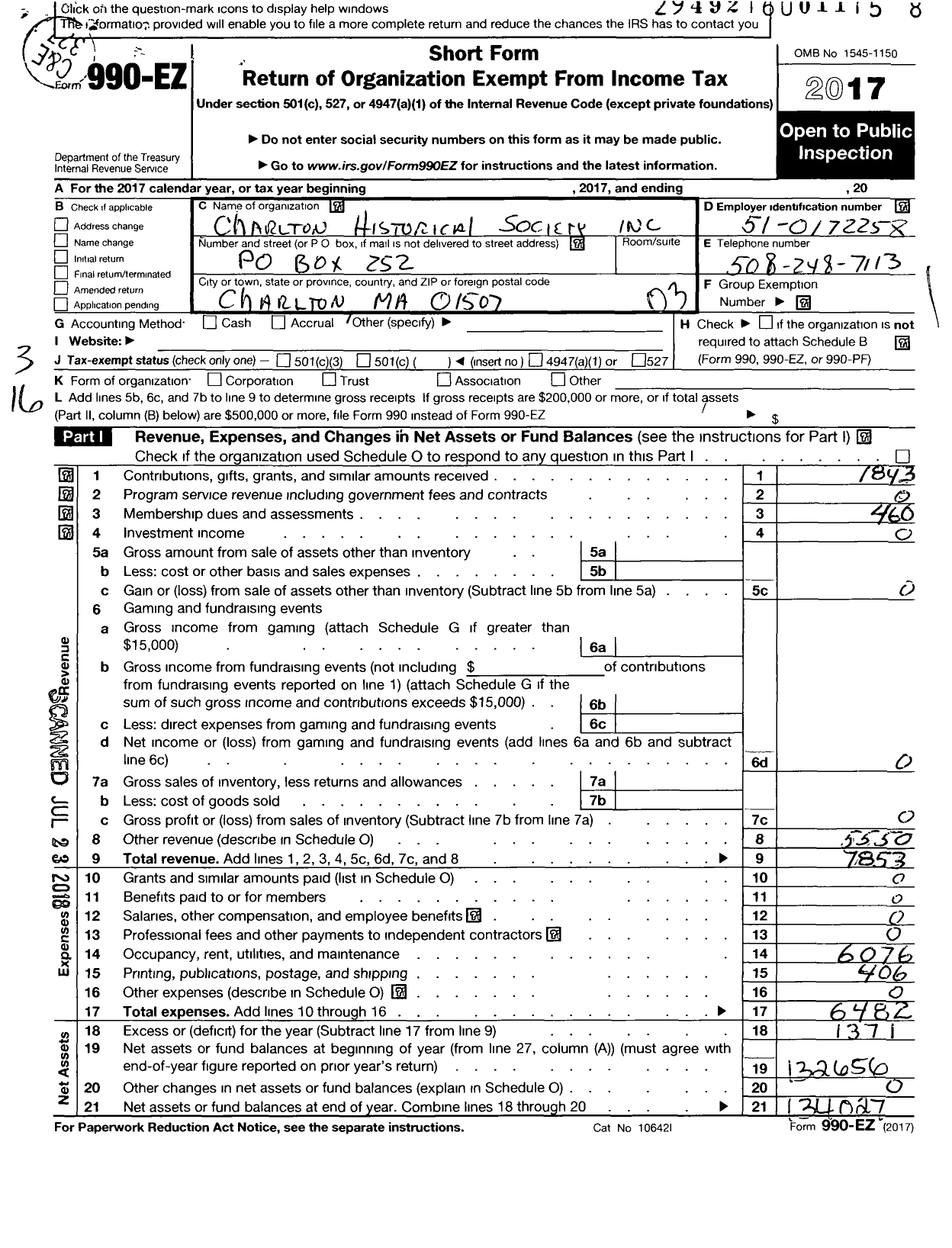 Image of first page of 2017 Form 990EZ for Charlton Historical Society