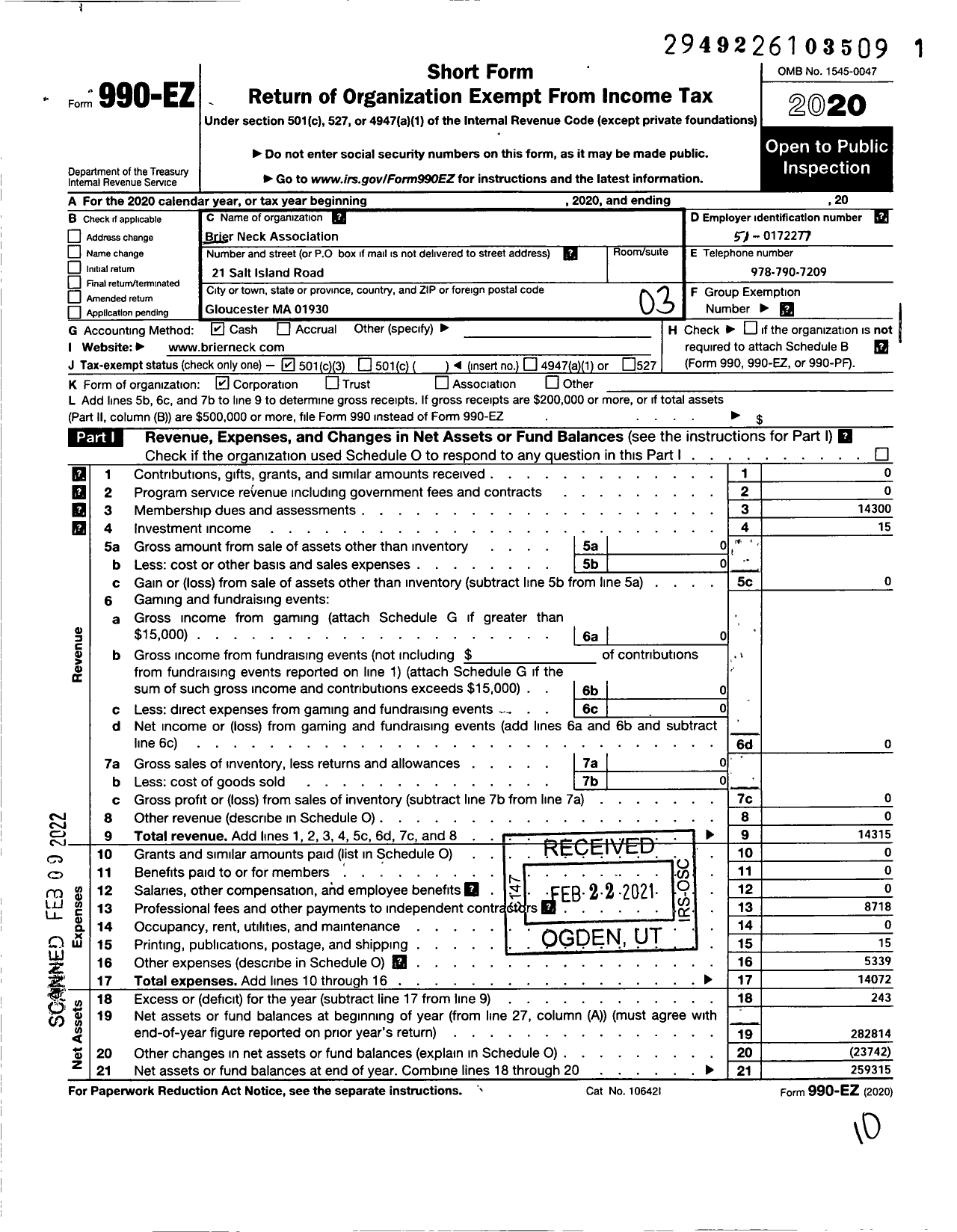 Image of first page of 2020 Form 990EZ for Brier Neck Association