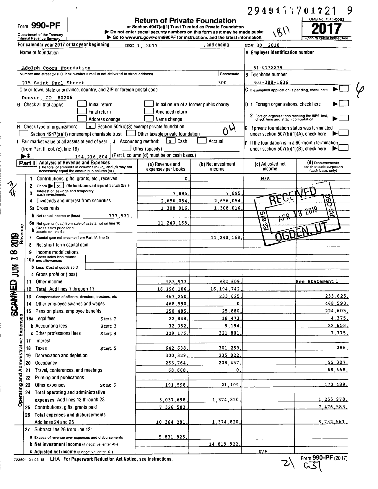 Image of first page of 2017 Form 990PF for Adolph Coors Foundation