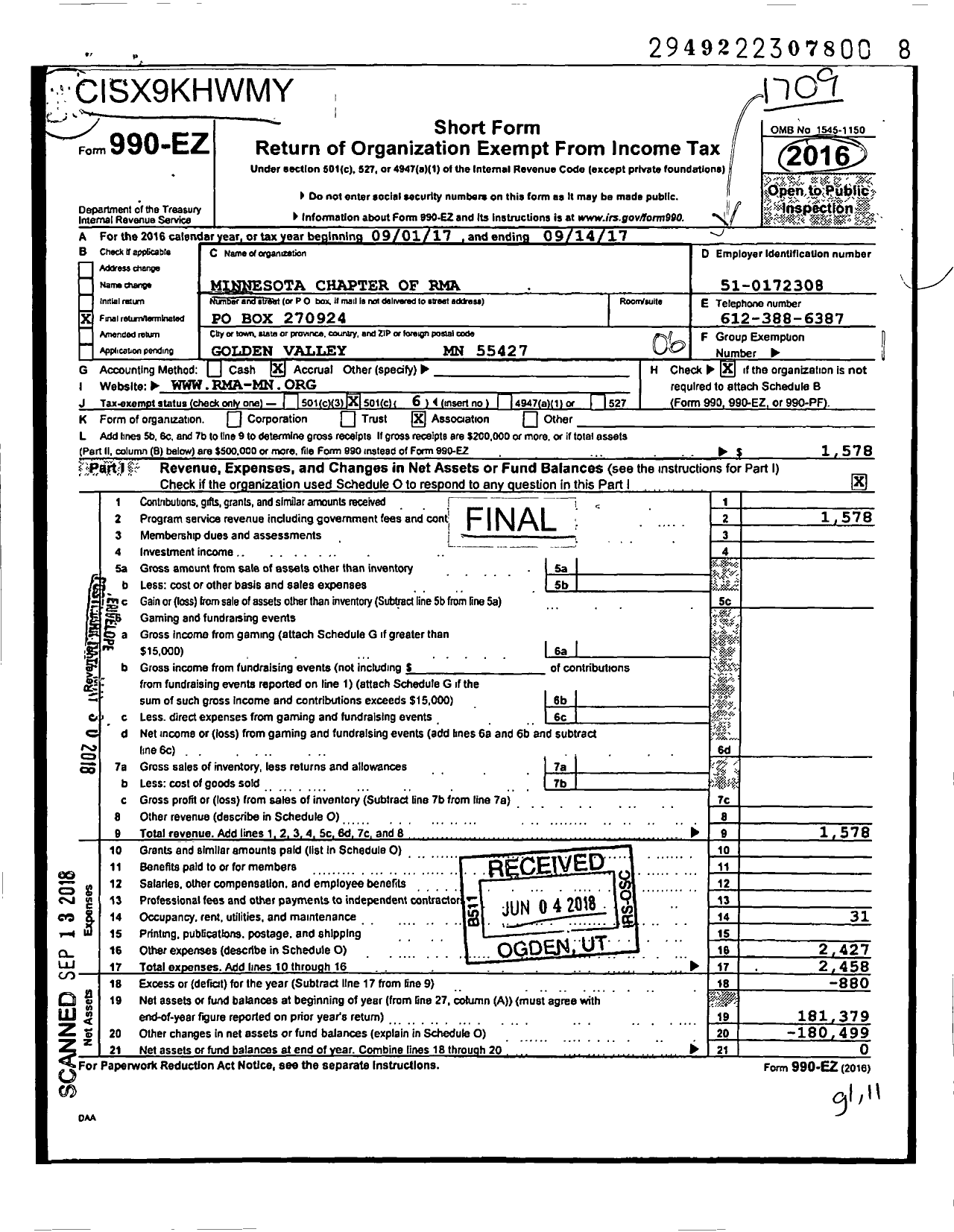 Image of first page of 2016 Form 990EO for Minnesota Chapter of Rma