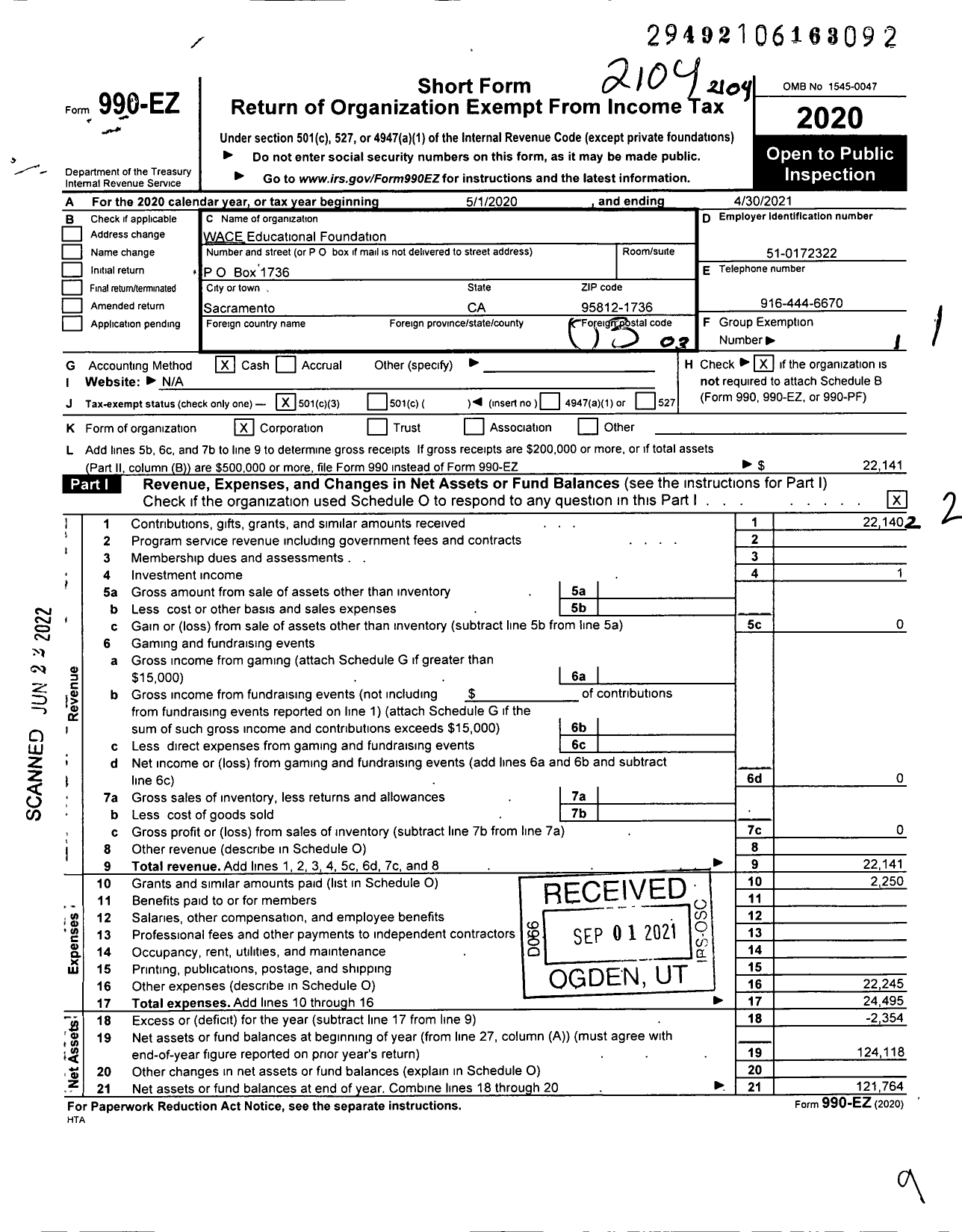 Image of first page of 2020 Form 990EZ for WACE Educational Foundation