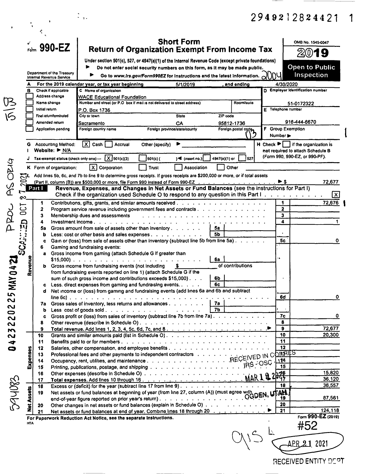 Image of first page of 2019 Form 990EZ for WACE Educational Foundation