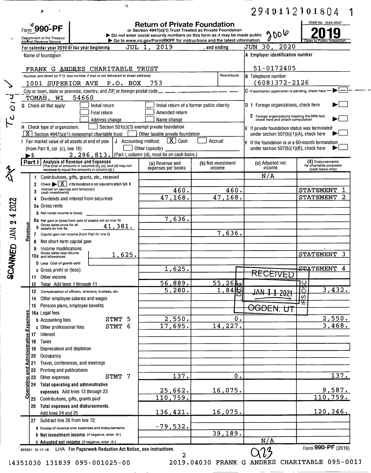 Image of first page of 2019 Form 990PF for Frank G Andres Charitable Trust