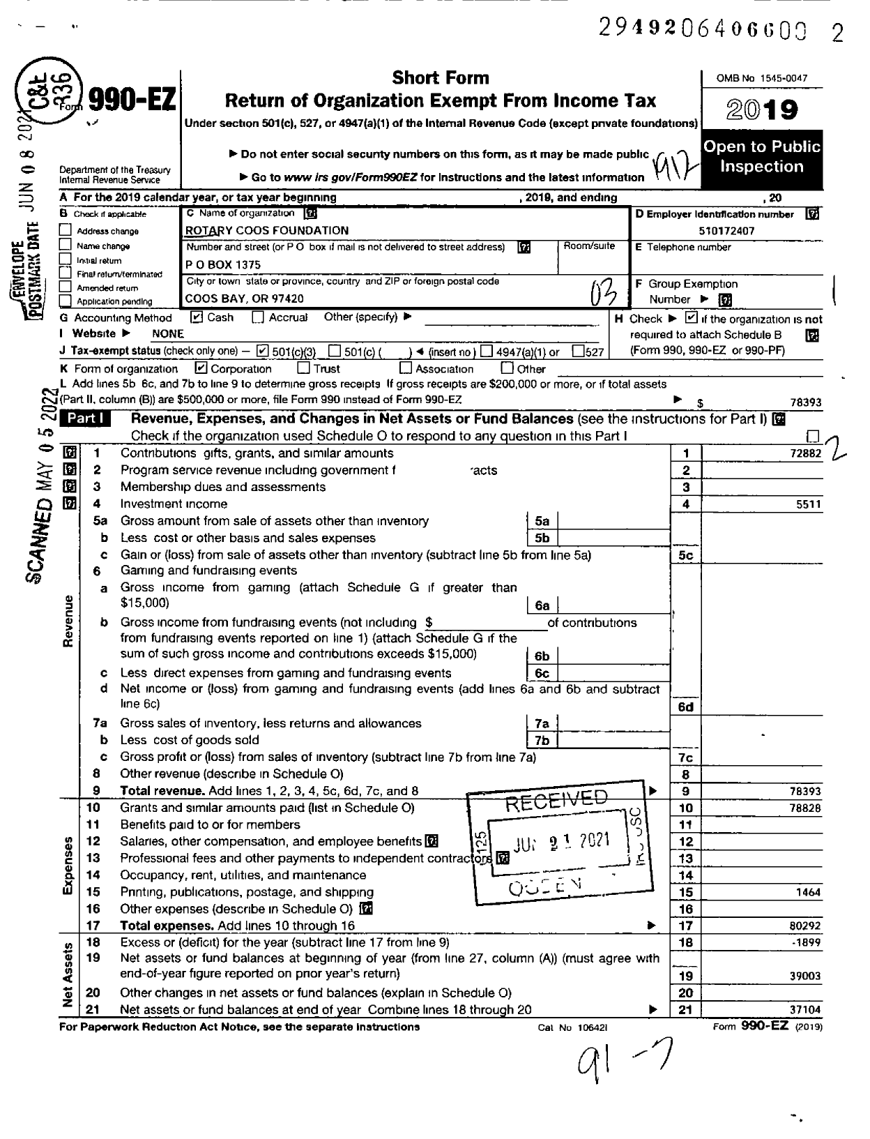 Image of first page of 2019 Form 990EZ for Rotary Coos Foundation