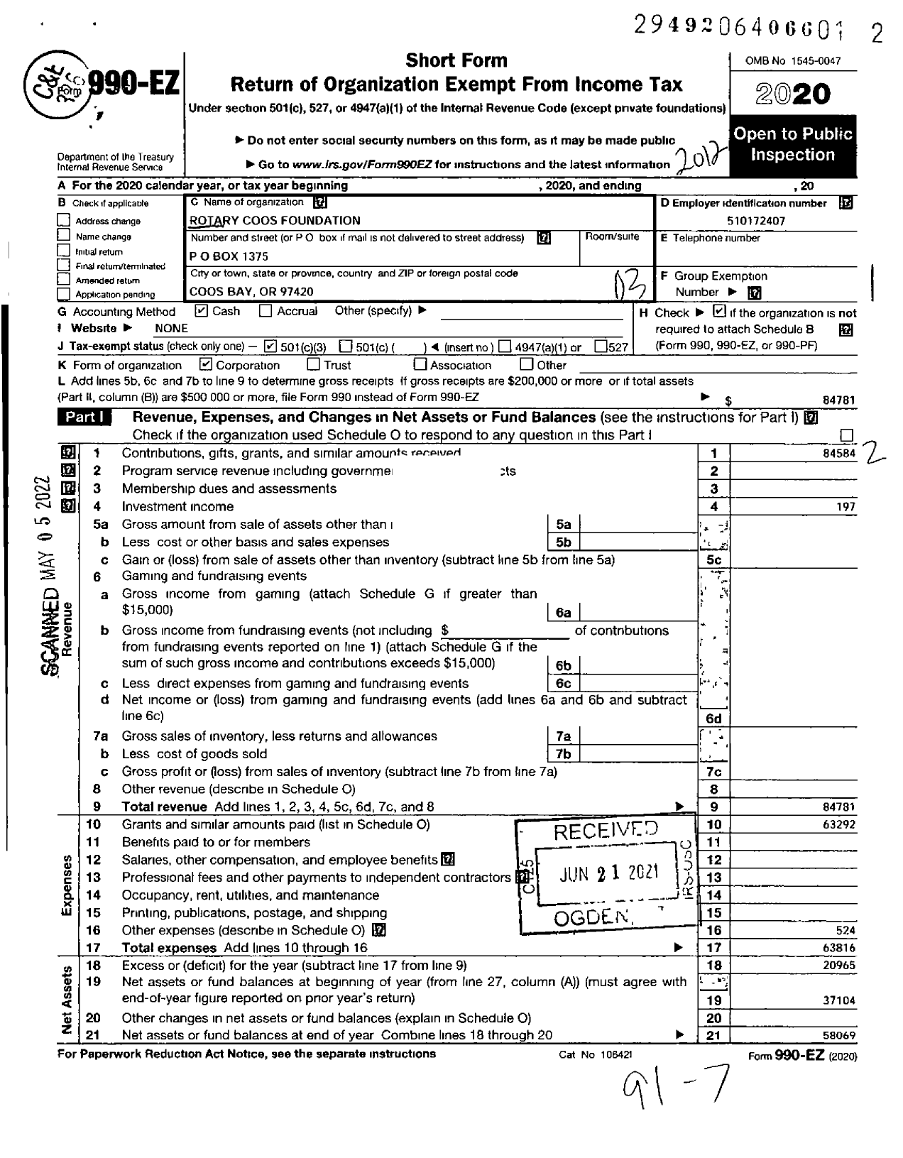 Image of first page of 2020 Form 990EZ for Rotary Coos Foundation