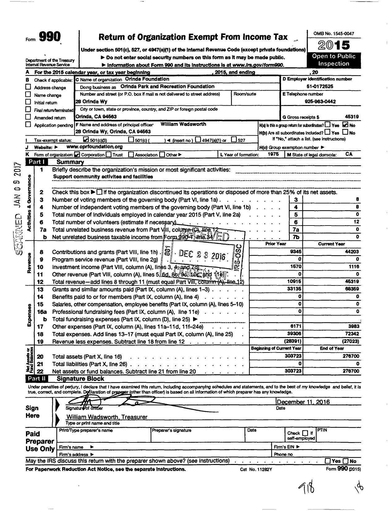 Image of first page of 2015 Form 990 for Orinda Foundation