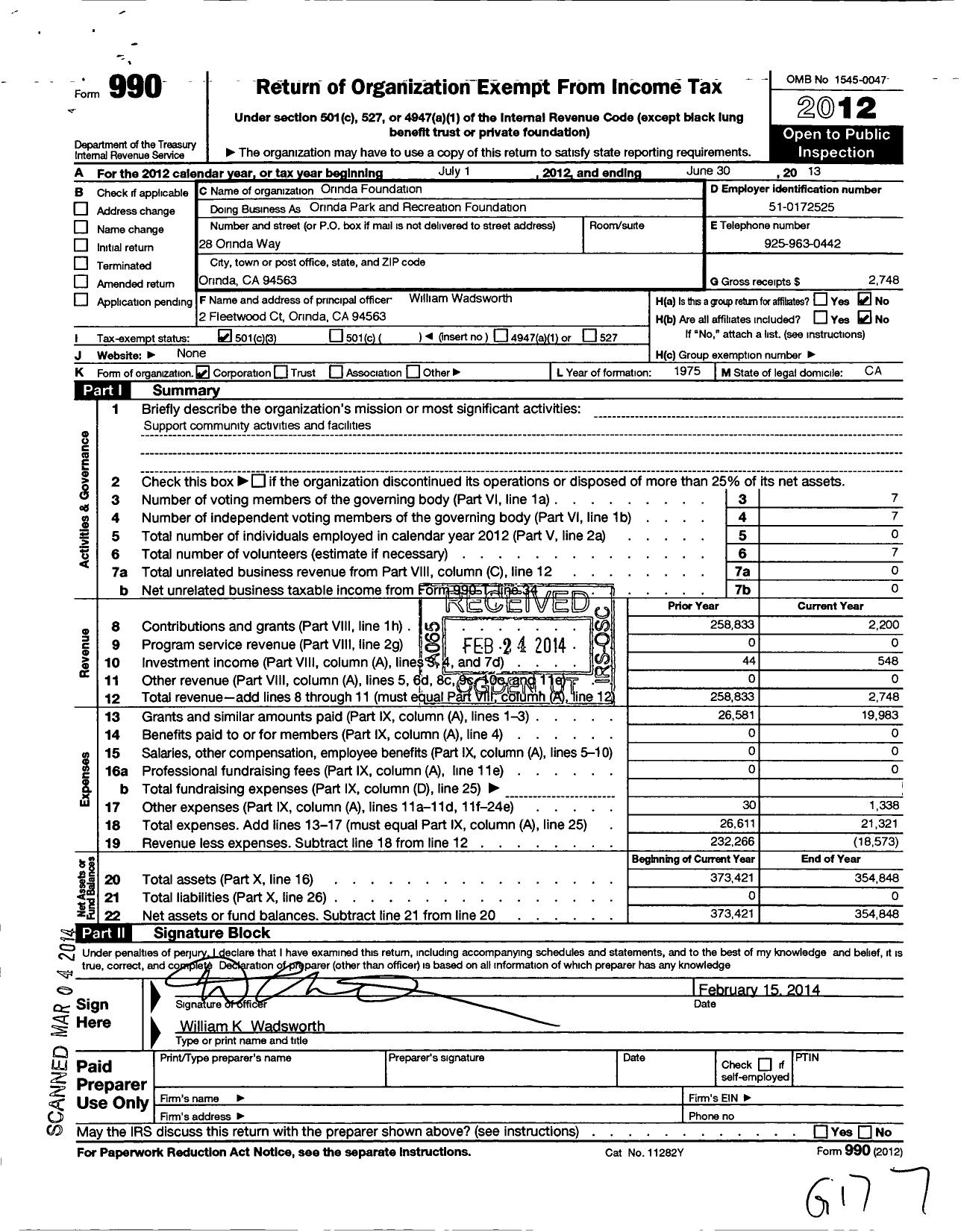 Image of first page of 2012 Form 990 for Orinda Foundation