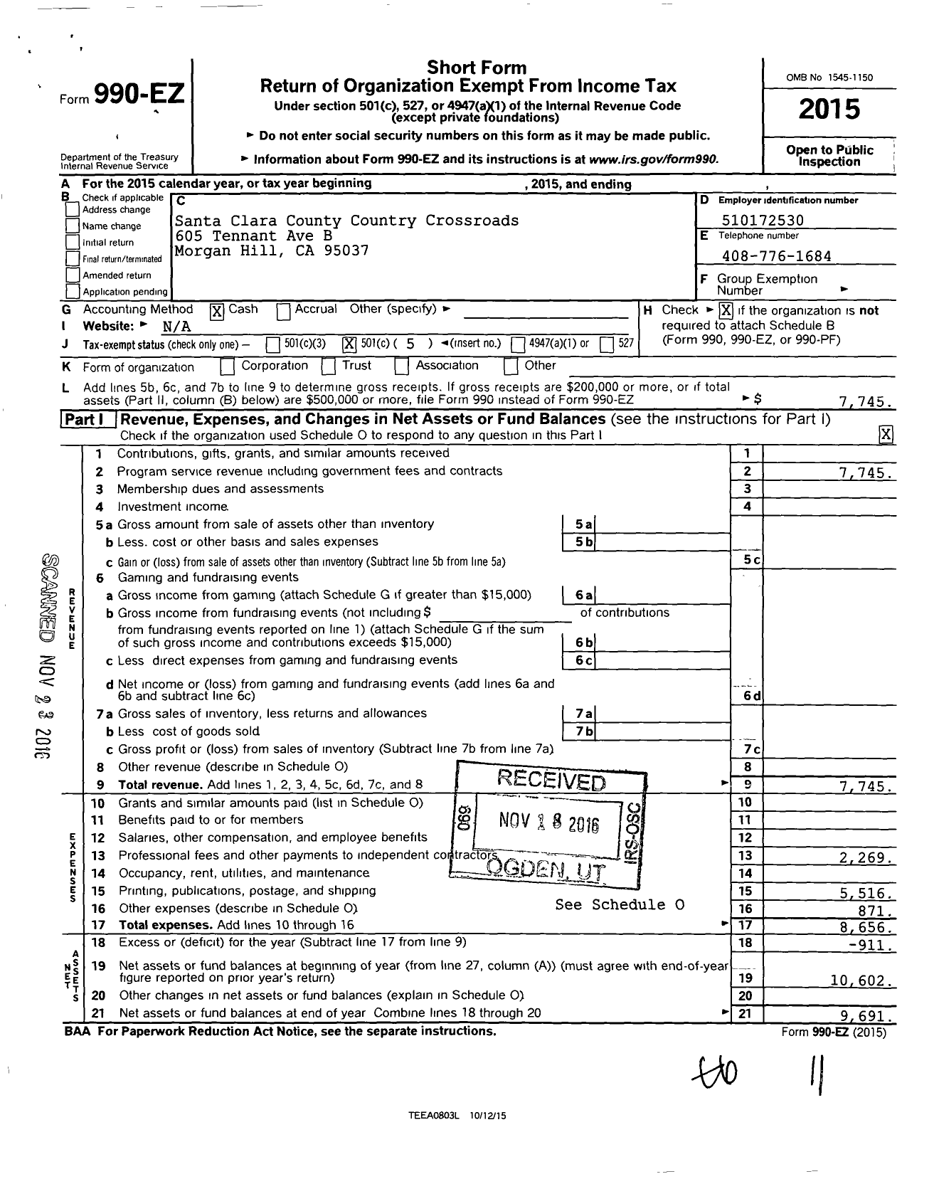 Image of first page of 2015 Form 990EO for Santa Clara County Country Crossroads