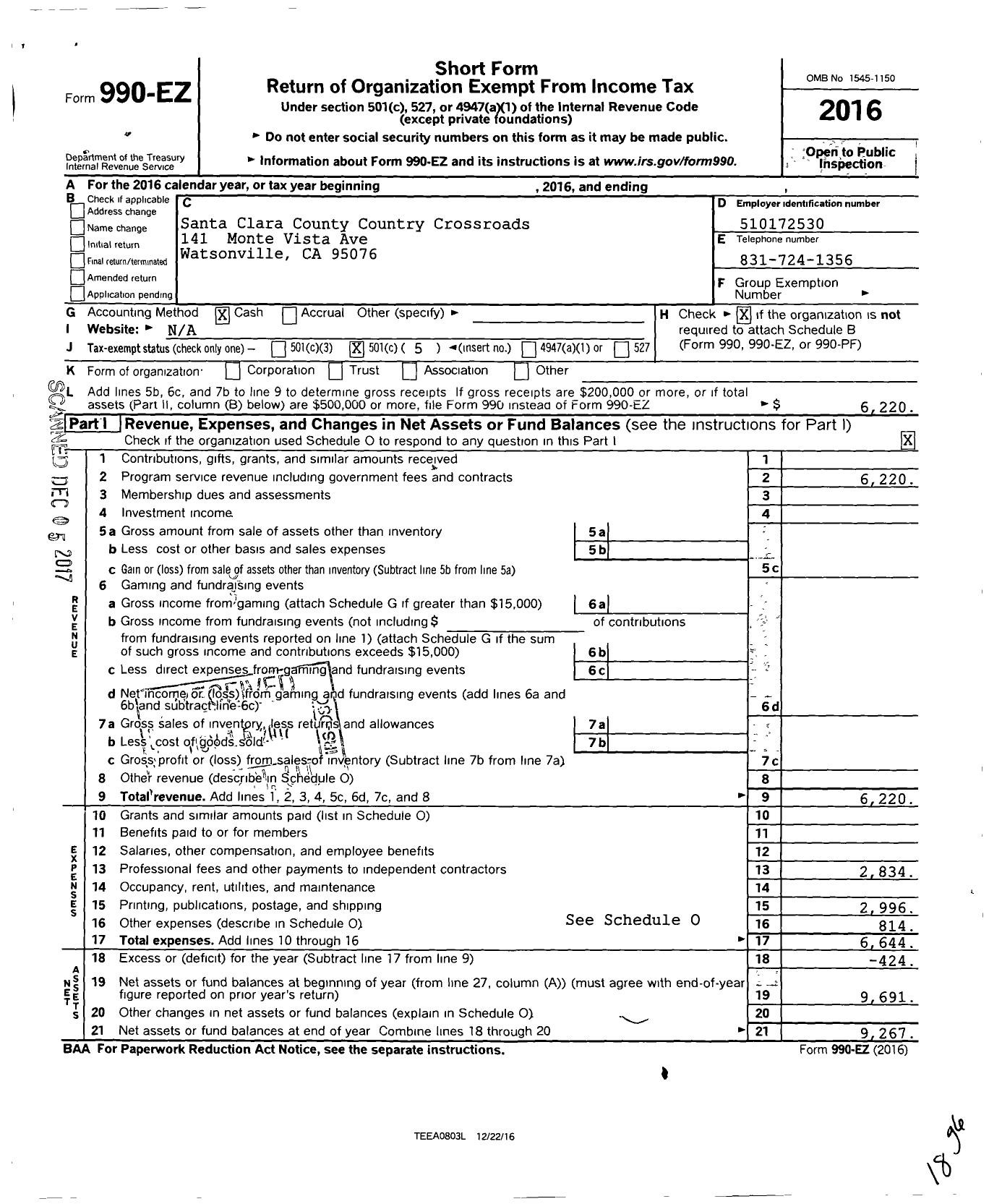 Image of first page of 2016 Form 990EO for Santa Clara County Country Crossroads