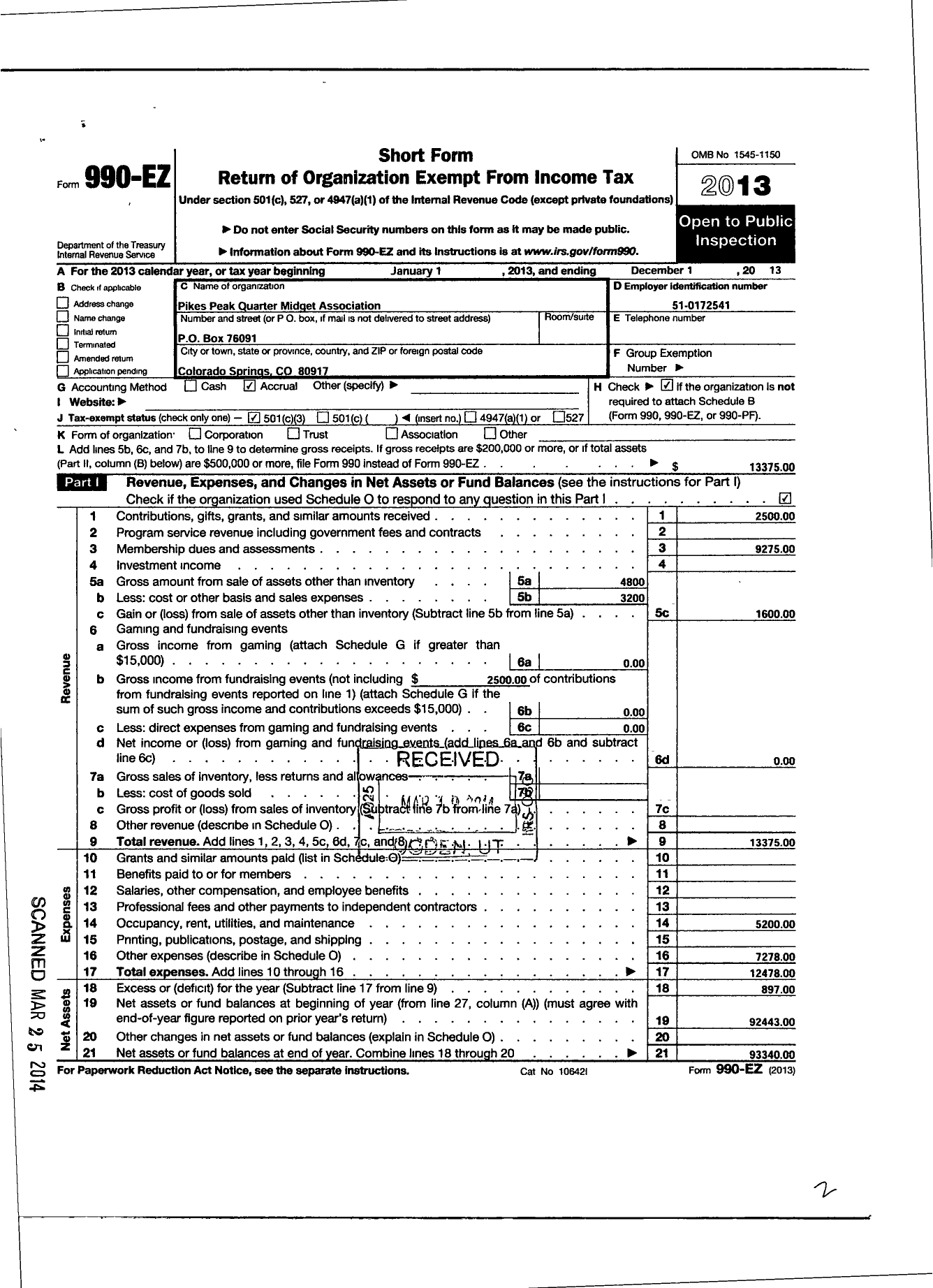 Image of first page of 2013 Form 990EZ for Pikes Peak Quarter Midget Association