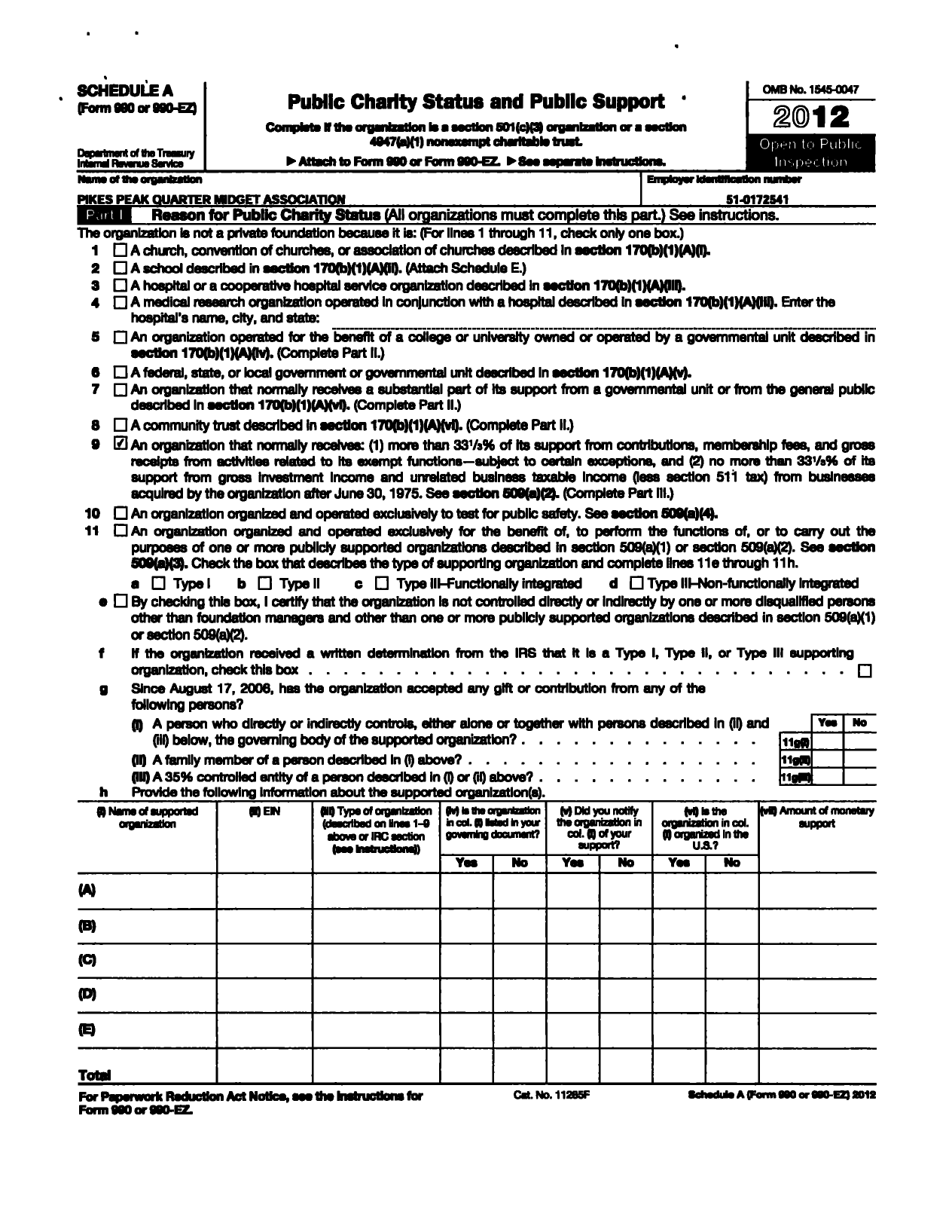 Image of first page of 2012 Form 990ER for Pikes Peak Quarter Midget Association