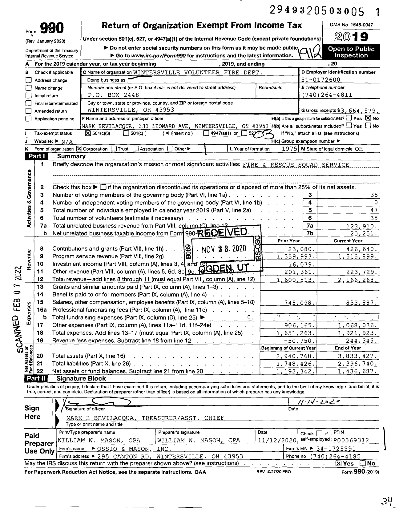 Image of first page of 2019 Form 990 for Wintersville Volunteer Fire Dept