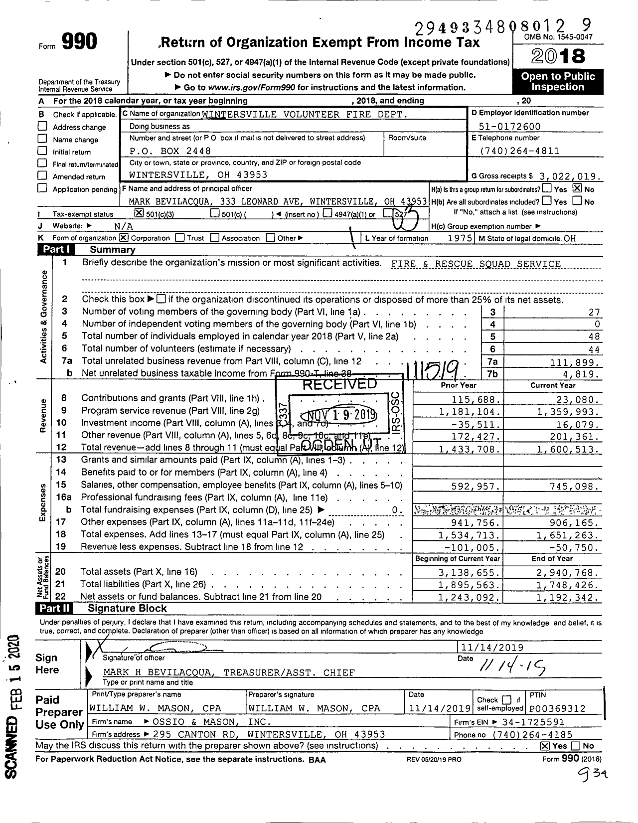 Image of first page of 2018 Form 990 for Wintersville Volunteer Fire Dept