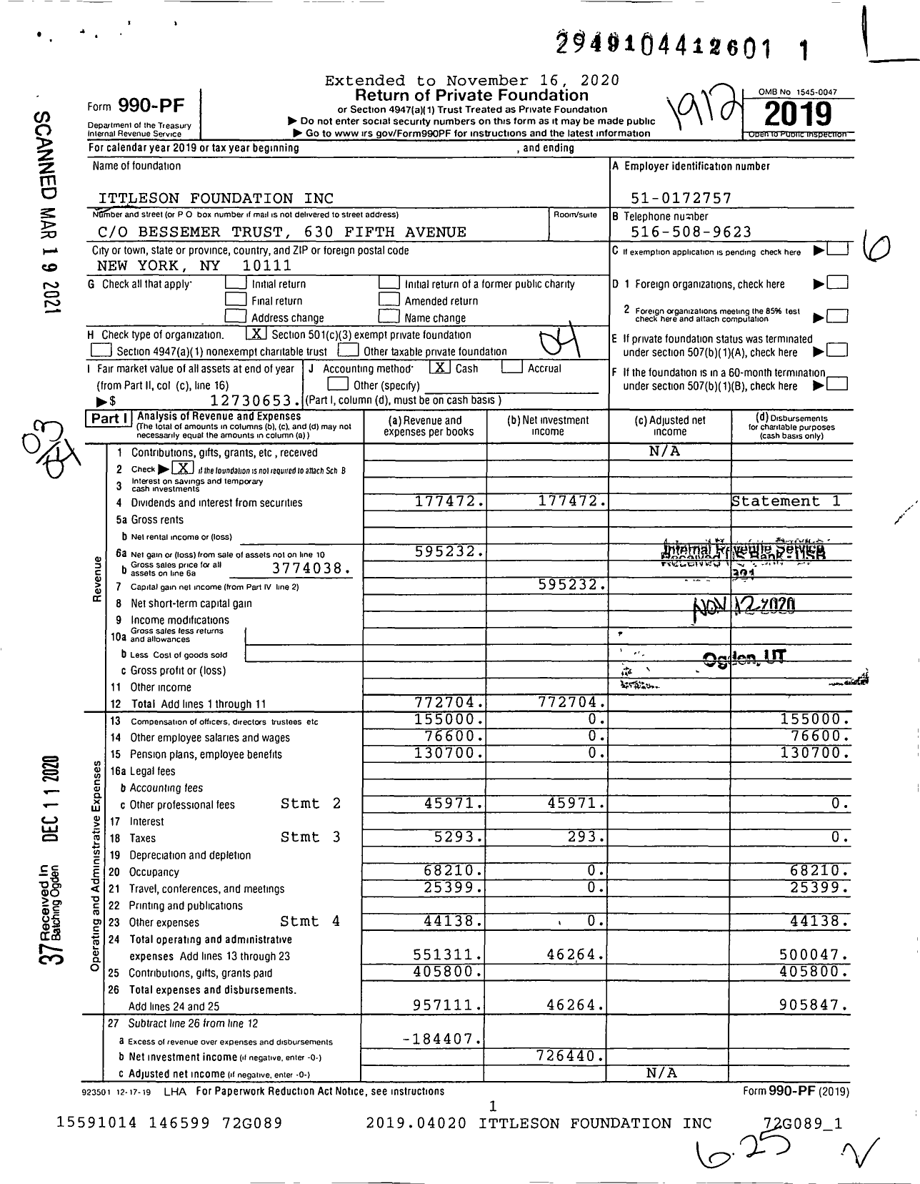 Image of first page of 2019 Form 990PF for Ittleson Foundation