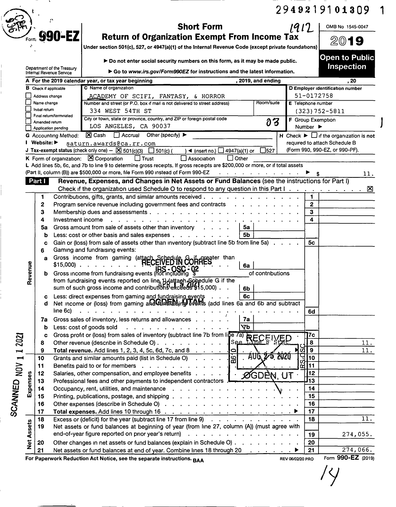 Image of first page of 2019 Form 990EZ for Academy of Scifi Fantasy and Horror