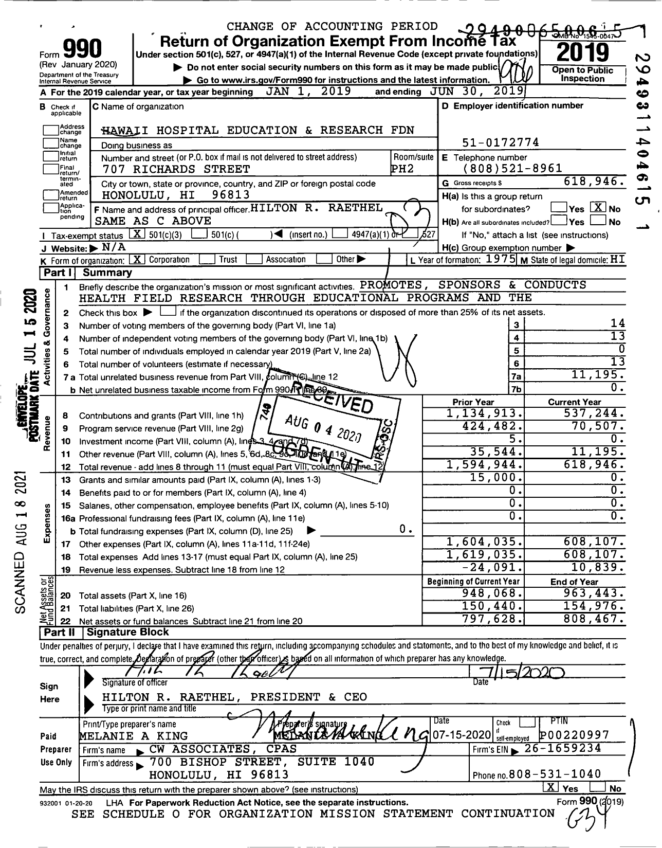 Image of first page of 2018 Form 990 for Hawaii Hospital Education and Research Foundation