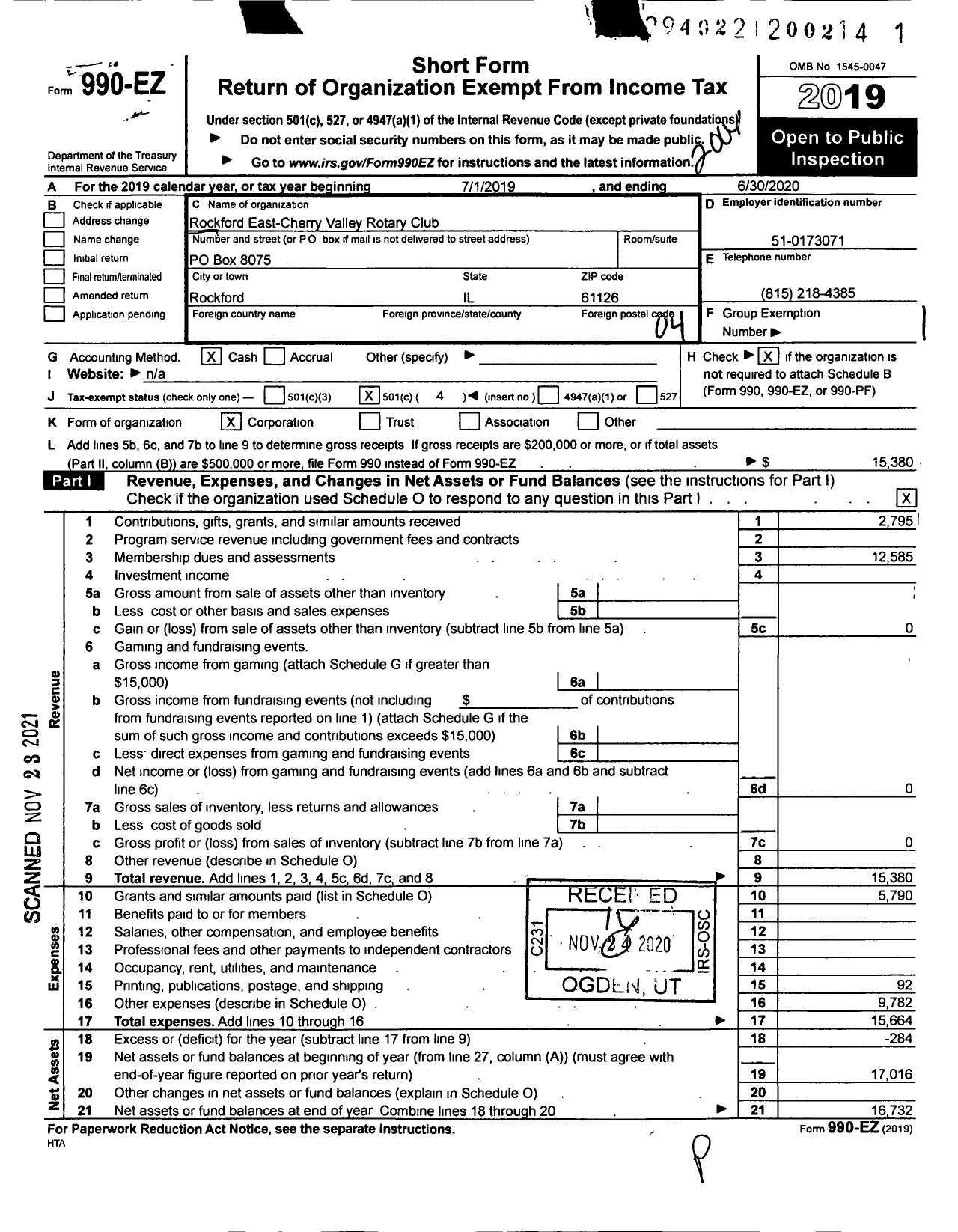 Image of first page of 2019 Form 990EO for Rotary International - Rotary Club of Rockford East-Cherry