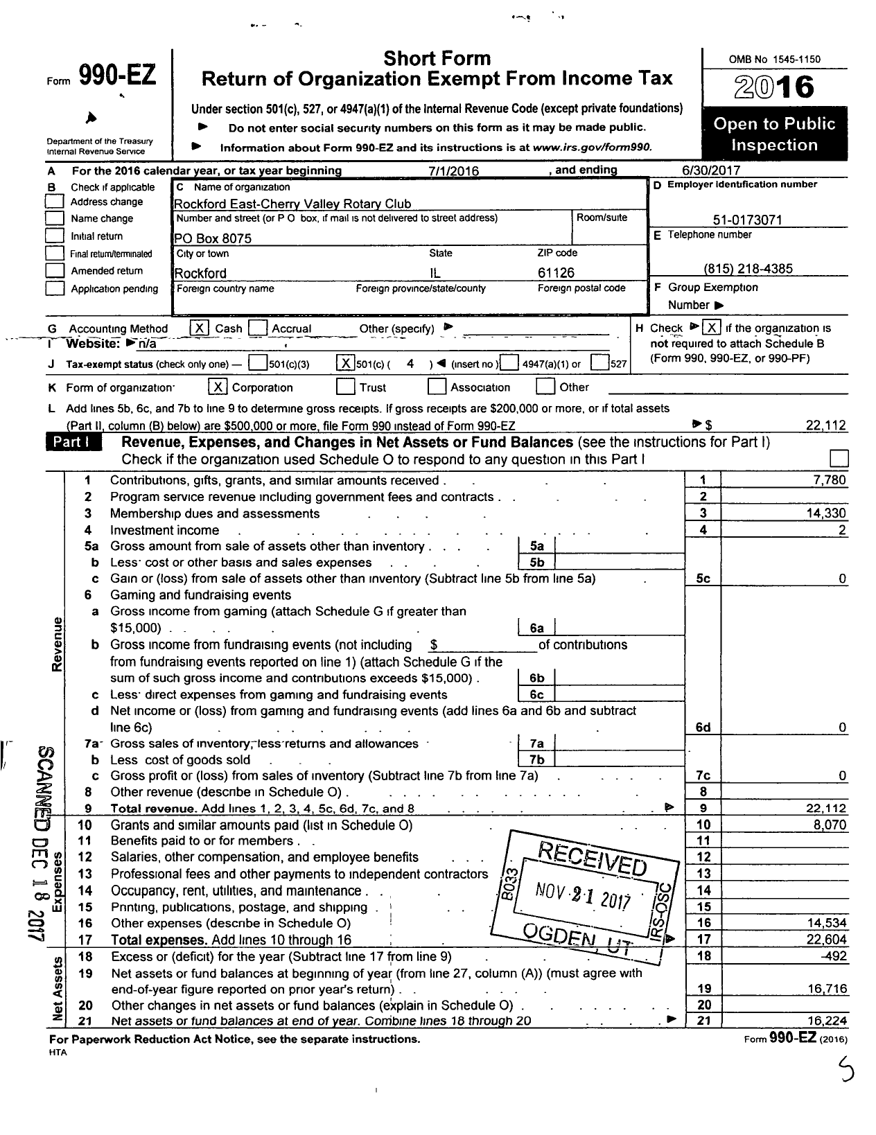 Image of first page of 2016 Form 990EO for Rotary International - Rotary Club of Rockford East-Cherry