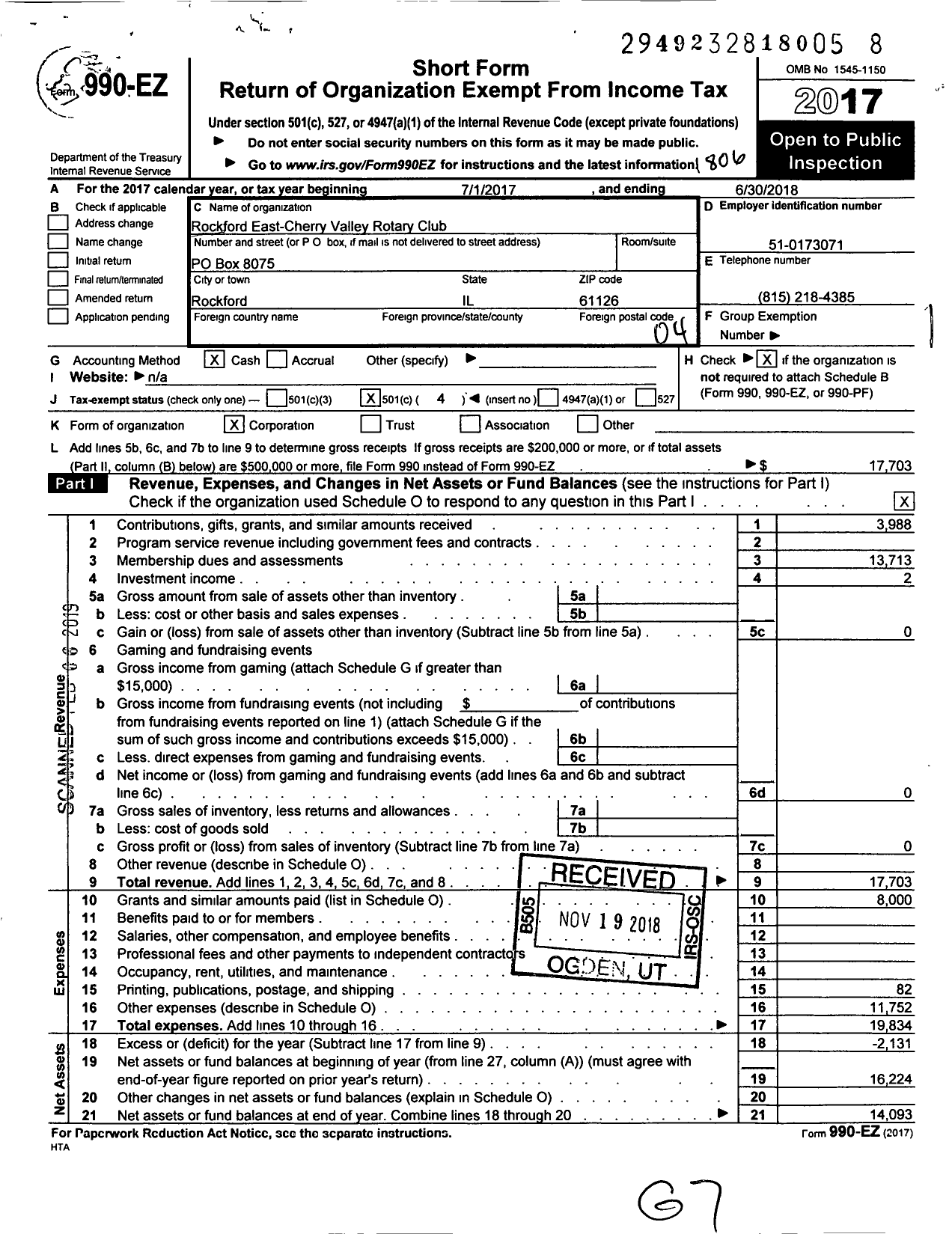 Image of first page of 2017 Form 990EO for Rotary International - Rotary Club of Rockford East-Cherry