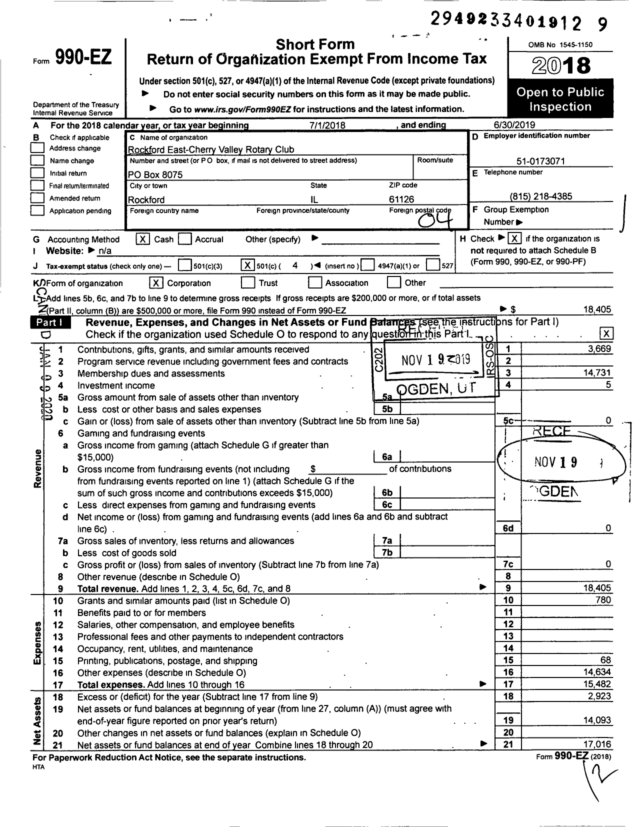 Image of first page of 2018 Form 990EO for Rotary International - Rotary Club of Rockford East-Cherry